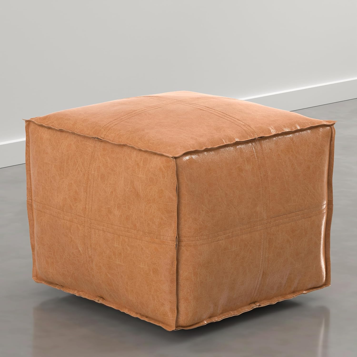 SIMPLIHOME Brody Square Pouf - 18" Wide x 14" High Upholstered Vegan Leather Ottoman in Distressed Camel, Boho Footstool, Coffee Table or Extra Seating for Living Room or Bedroom, Assembled