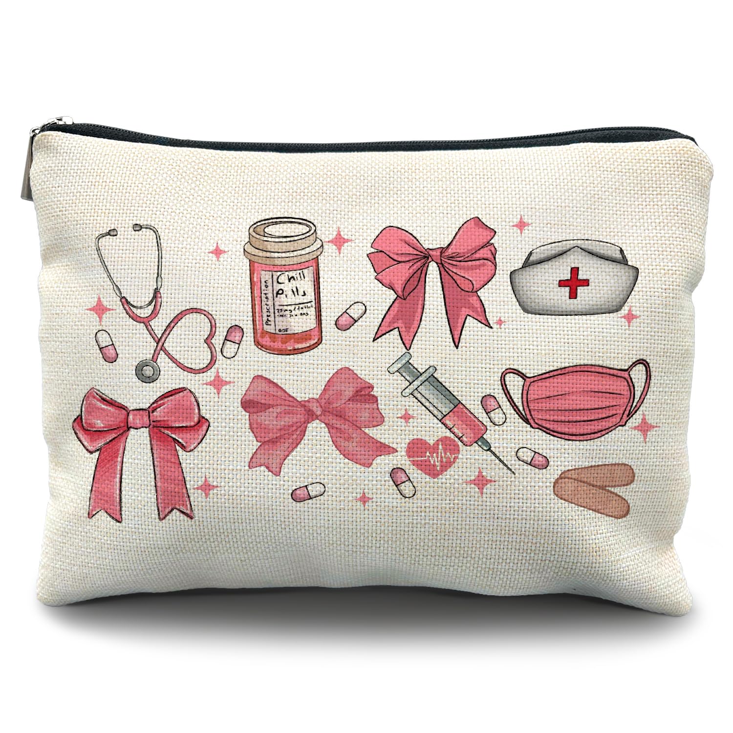 Likjad Coquette Pink Bow Nurse Nursing Makeup Bag, Nurse Appreciation Gifts Cosmetic Bags for Women, Nurses Week Day Gifts Zipper Makeup Pouch