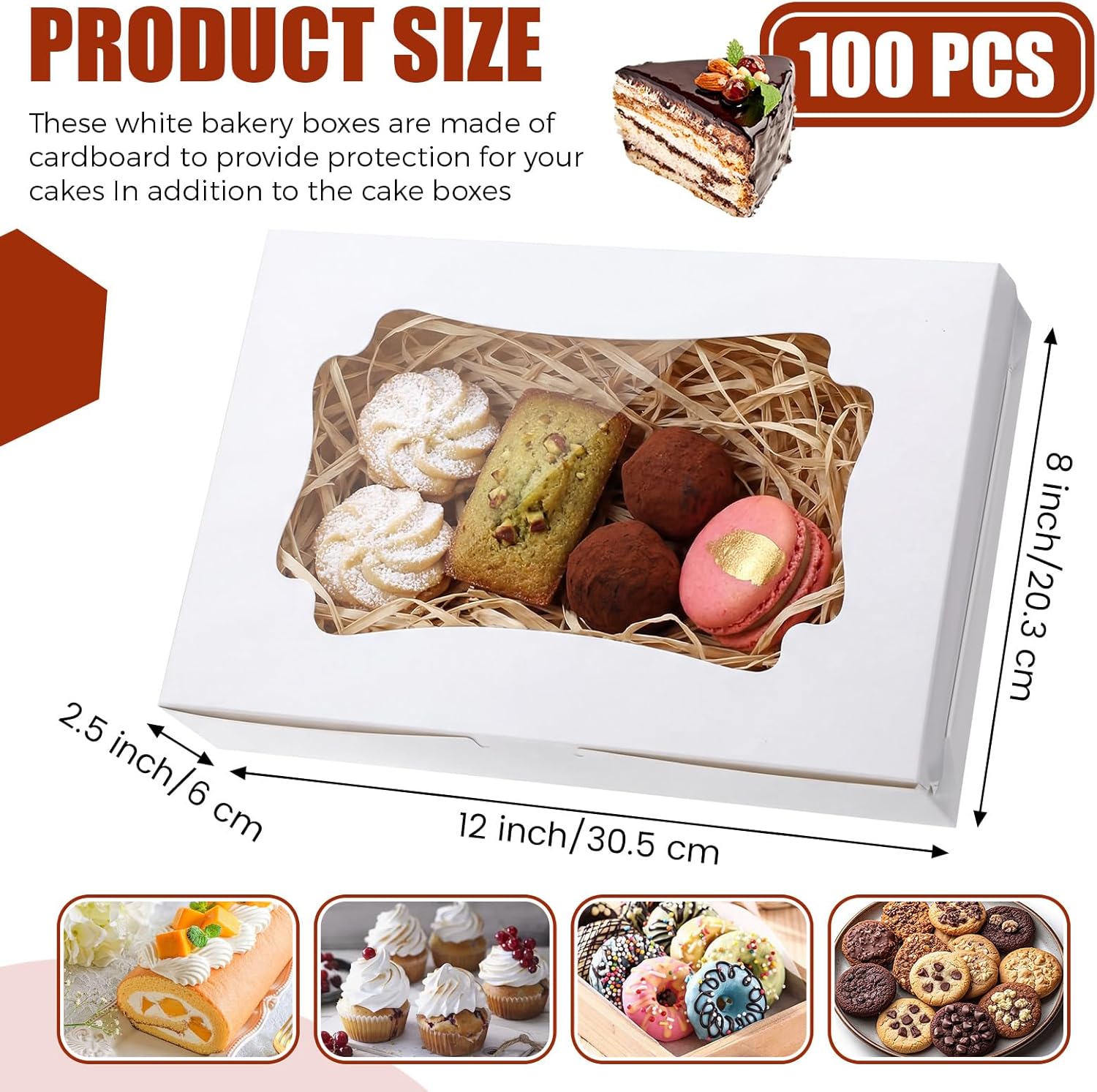 Eaasty 100 Pcs Bakery Boxes 12 x 8 x 2.5 Inch Rectangle Cookies Boxes with Windows for Pastry Baking, Cupcakes, Donuts, Dessert, Chocolate, Mini Pie Treat Packaging