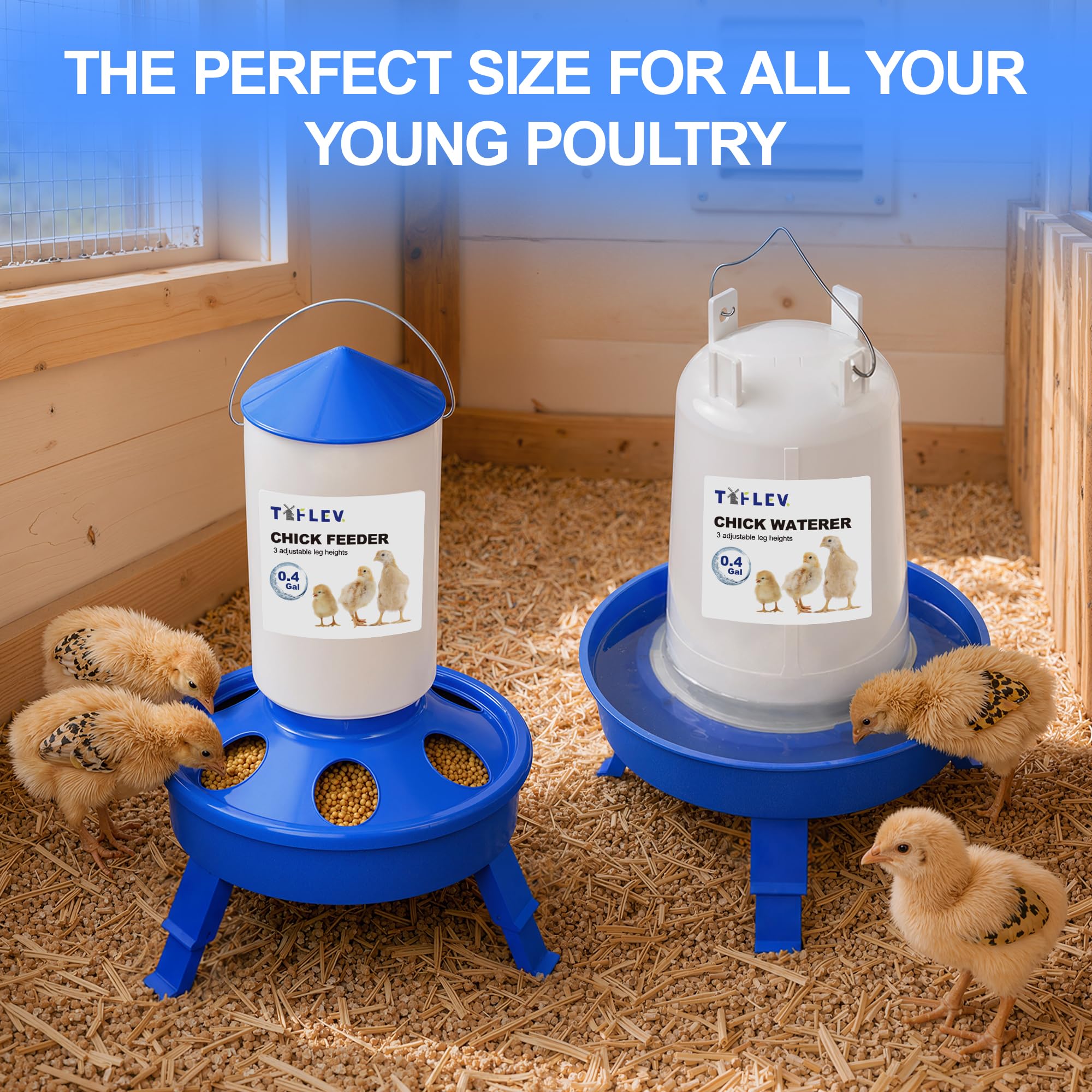 Kit de comedero y Bebedero para Pollitos con Cuchara, alimentador de Pollitos de 3.3 Libras y Bebedero para Pollitos de 0.4 galones con Patas Ajustables de 3 Alturas para Pollitos