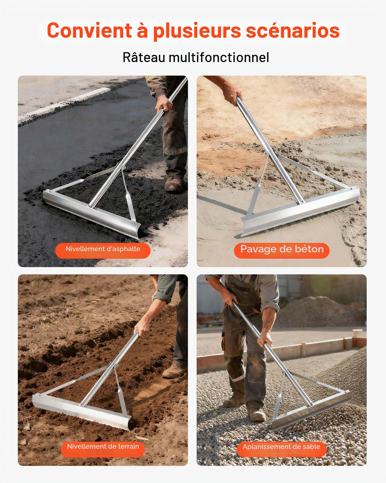 VEVOR Râteau Paysager, Manche 1510 mm, Râteau de Jardin avec Tête Large 508 mm, Niveleur à Asphalte en Aluminium Robuste, pour Nivellement Terrain, Pavage de Béton, Aplanissement de Sable, sans Dents