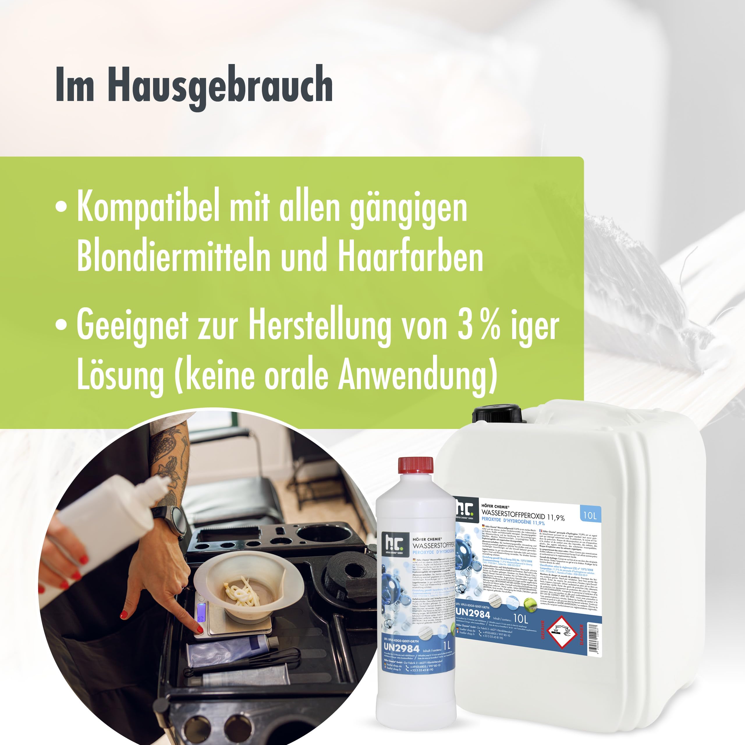 Höfer Chemie 10 L Wasserstoffperoxid 11,9% – Technische Oxidationslösung – stabilisiert mit 1% Phosphorsäure – Vielseitig einsetzbar zum Bleichen, Reinigen & Technischen Gebrauch