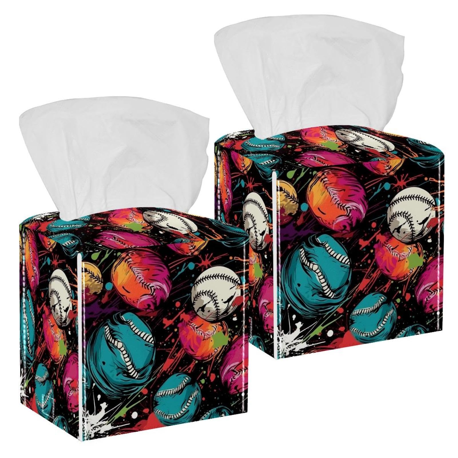 Doodle Abstract Baseball Tissue Box Cover, 2 Pack PU Leather Square Facial Tissue Dispenser Box holder for Home Office Car