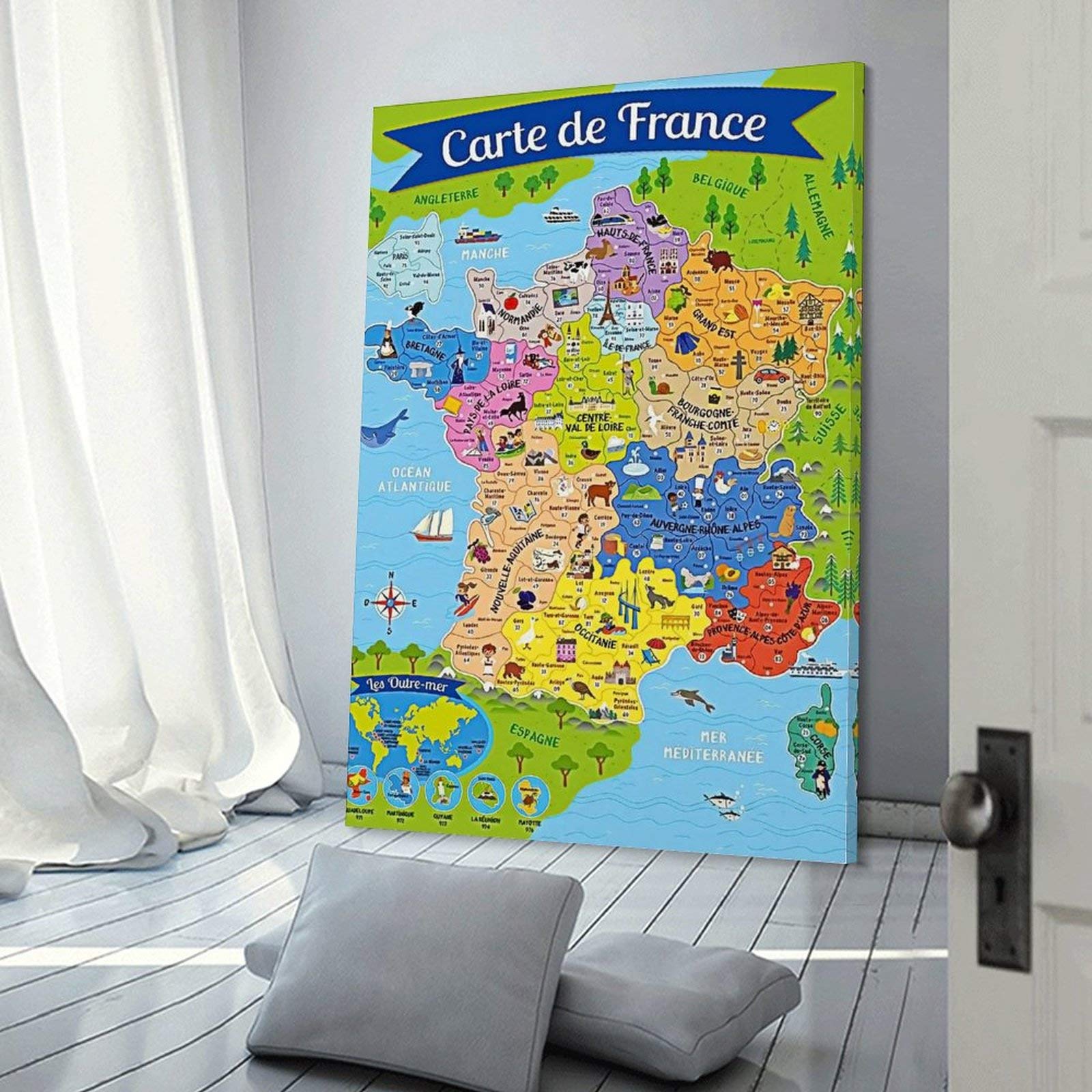 TUOXIE Poster carte de France pour enfants Peinture décorative sur toile Art mural Posters Salon Chambre 50 x 75 cm