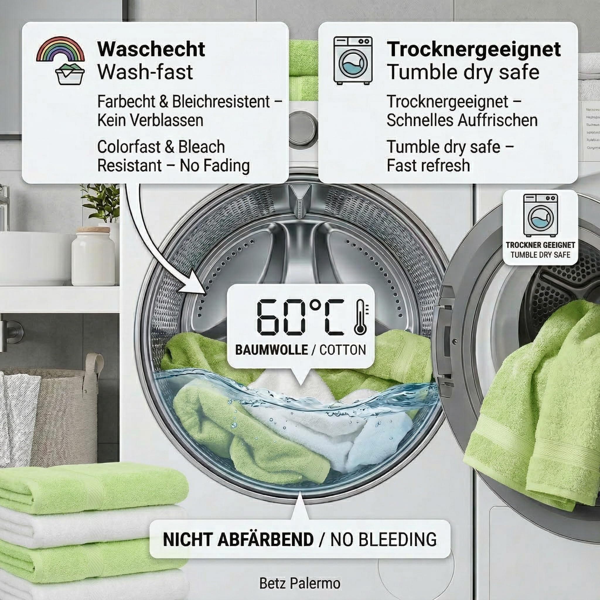 Betz 4 unidades toallas baño/ducha serie Palermo color blanco y verde tamaño:70x140cm 100% algodón de