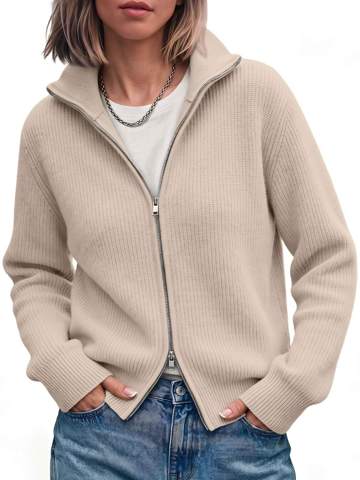LILLUSORY Womens Zip Up Cardigan Sweater Ribbed Knit Fall Jacket 2026 Mock Neck, Two Way Zipper, Sweater Jacket, Lightweight Layering, Casual Daily Style, Weekend Outfit, Minimalist Fashion