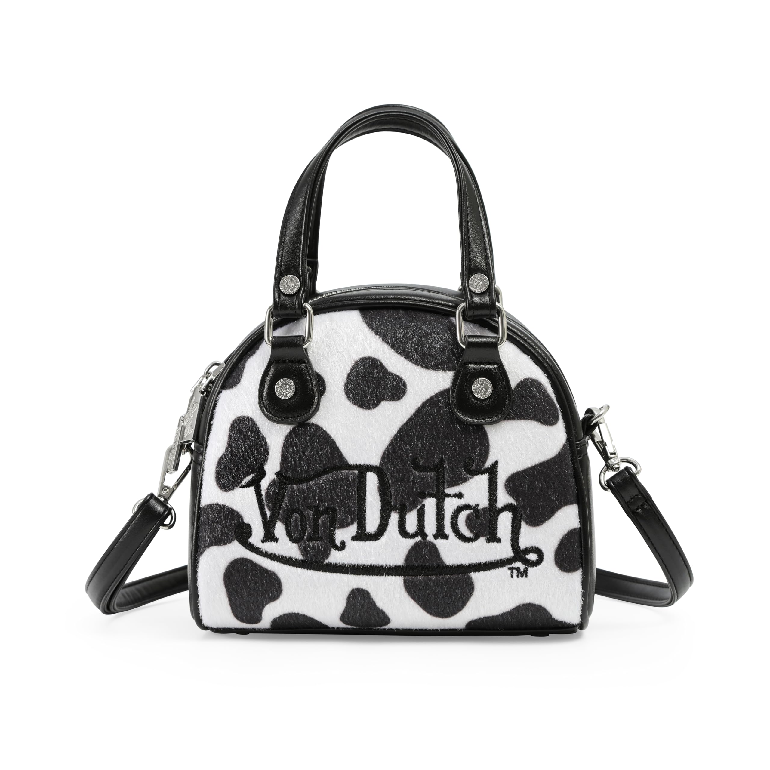 Von Dutch Womens Cow Print Bowling Bag Purse - Stylish Women's Handbag with Adjustable Strap, Spacious Interior, and Vegan Faux Fur (Black)