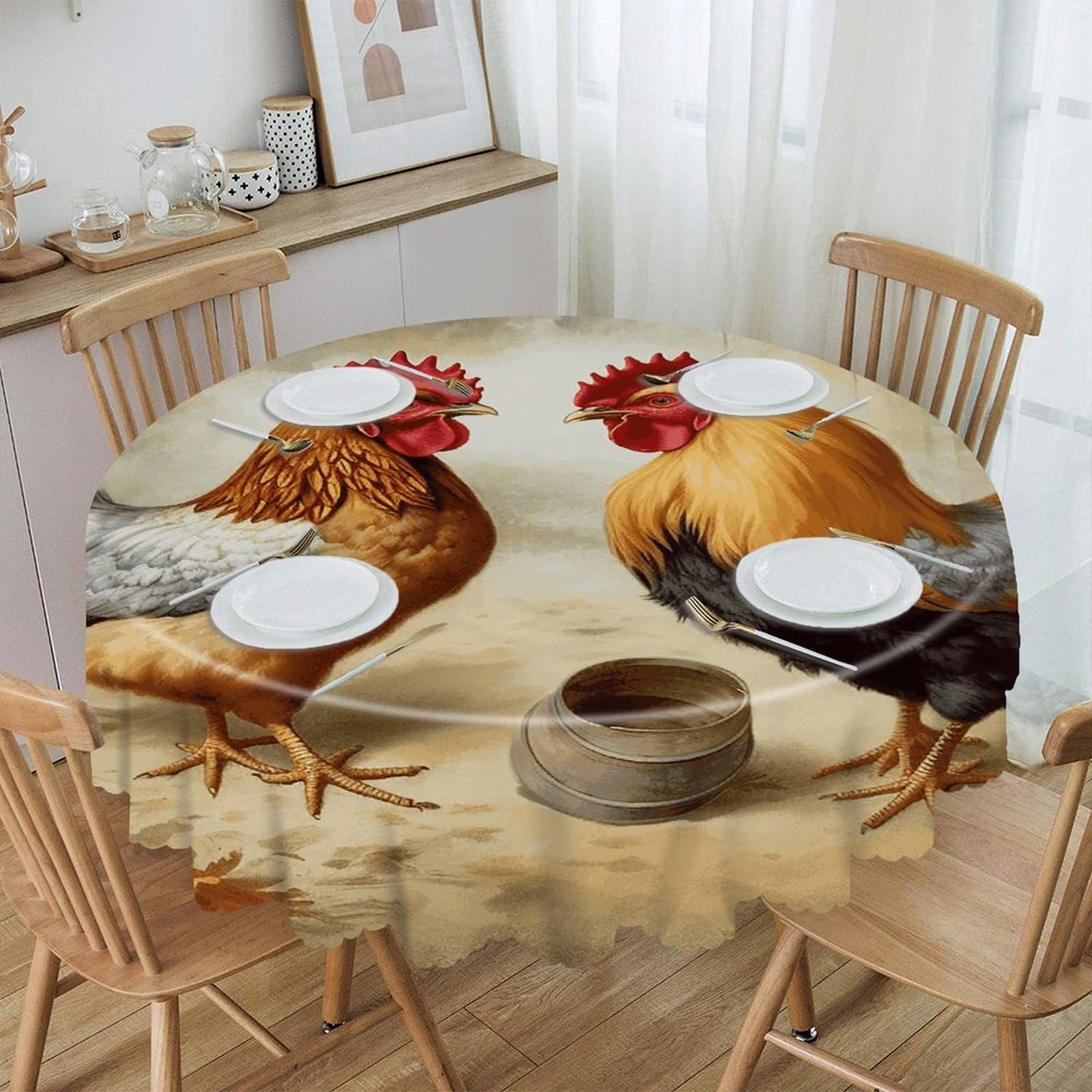 VstaDank 60 Inch Round Chicken and Rooster Print Tablecloth Polyester Waterproof Wrinkle Free Table Cloth Spillproof Washable Table Cover Colorful Tablecover Decor for Home Kitchen Dining Party