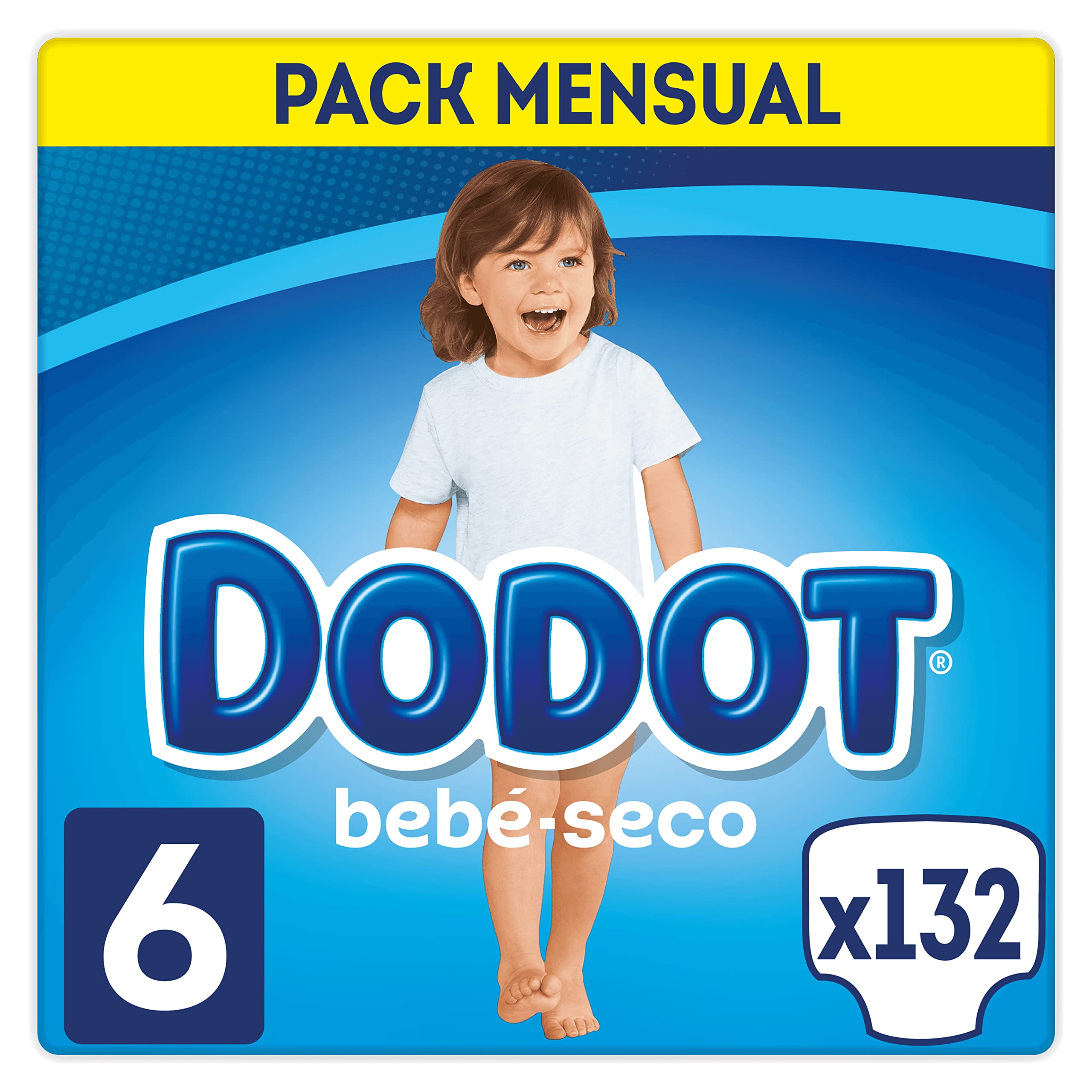 Dodot Couches bébé sec Taille 6 (13-18 kg), 132 couches + 1 pack de 10 lingettes Aqua Pure 99% eau, une nuit jusqu'à 100% sans fuites, Pack mensuel
