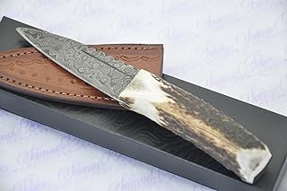 New Genuine Damascus Steel Stag Handle Sheffield Sgian Dubh Boxed with Leather Sheath - Sheffieldcutleryshop
