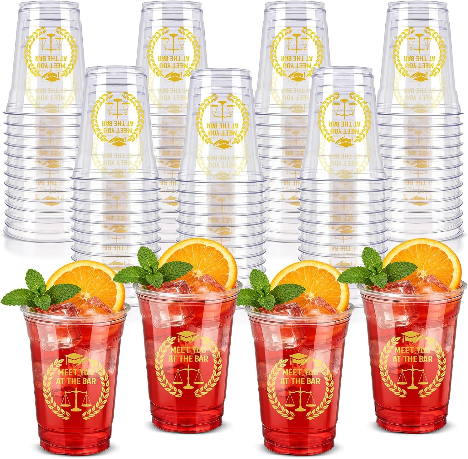 50 Pack Law School Plastic Cups Bulk, 12oz Clear Disposable Cups with Gold Legal Theme Print, Meet You at the Bar Cups for Law School Graduation, Lawyer Parties and Legal Celebrations