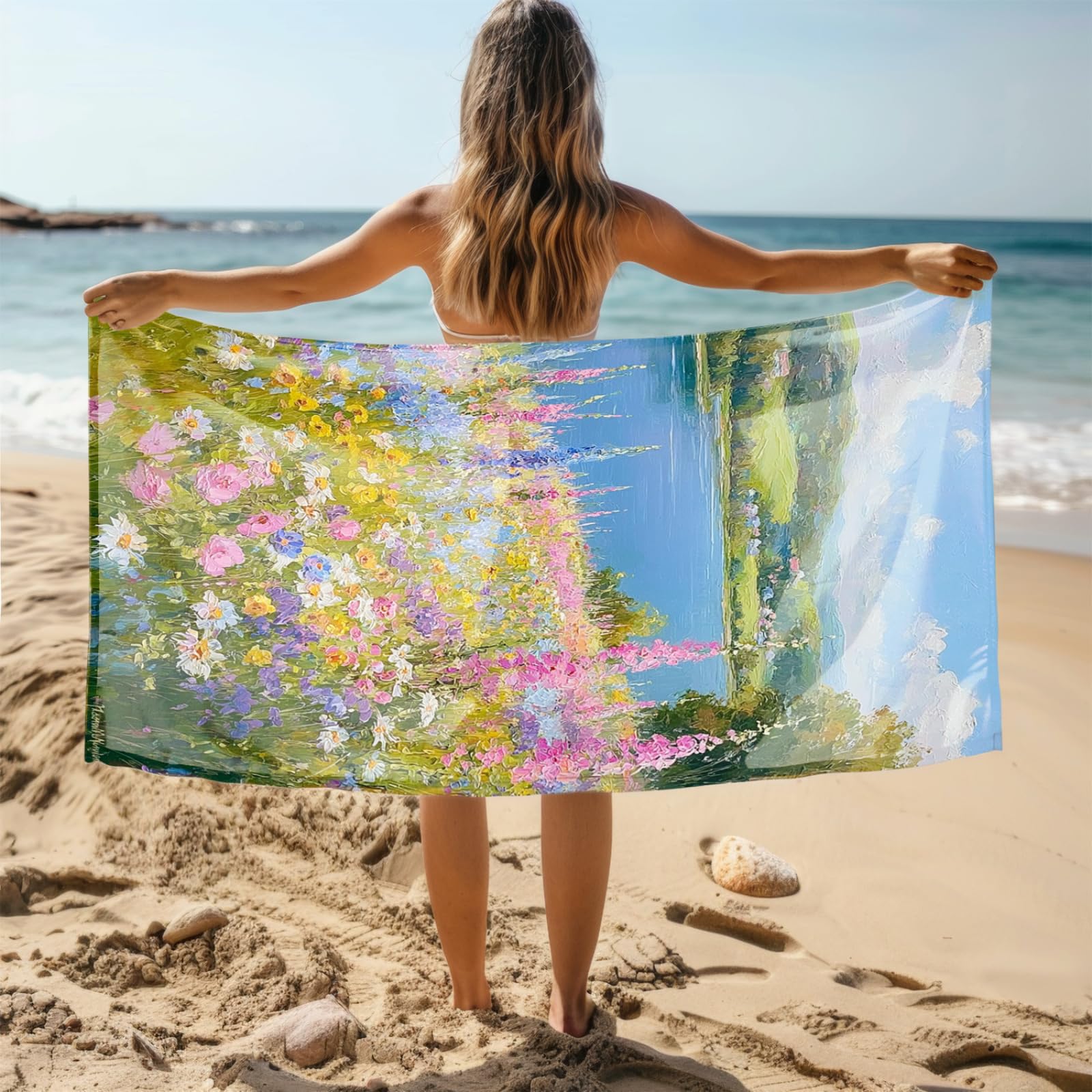 Tapis de Plage XXL Anti Sable Fleur De La Rivière Bleue Serviette Piscine Adulte,Natte De Plage Pliable, Voyage Accessoires De Plage Camping,Serviette de Bain Personnalisée