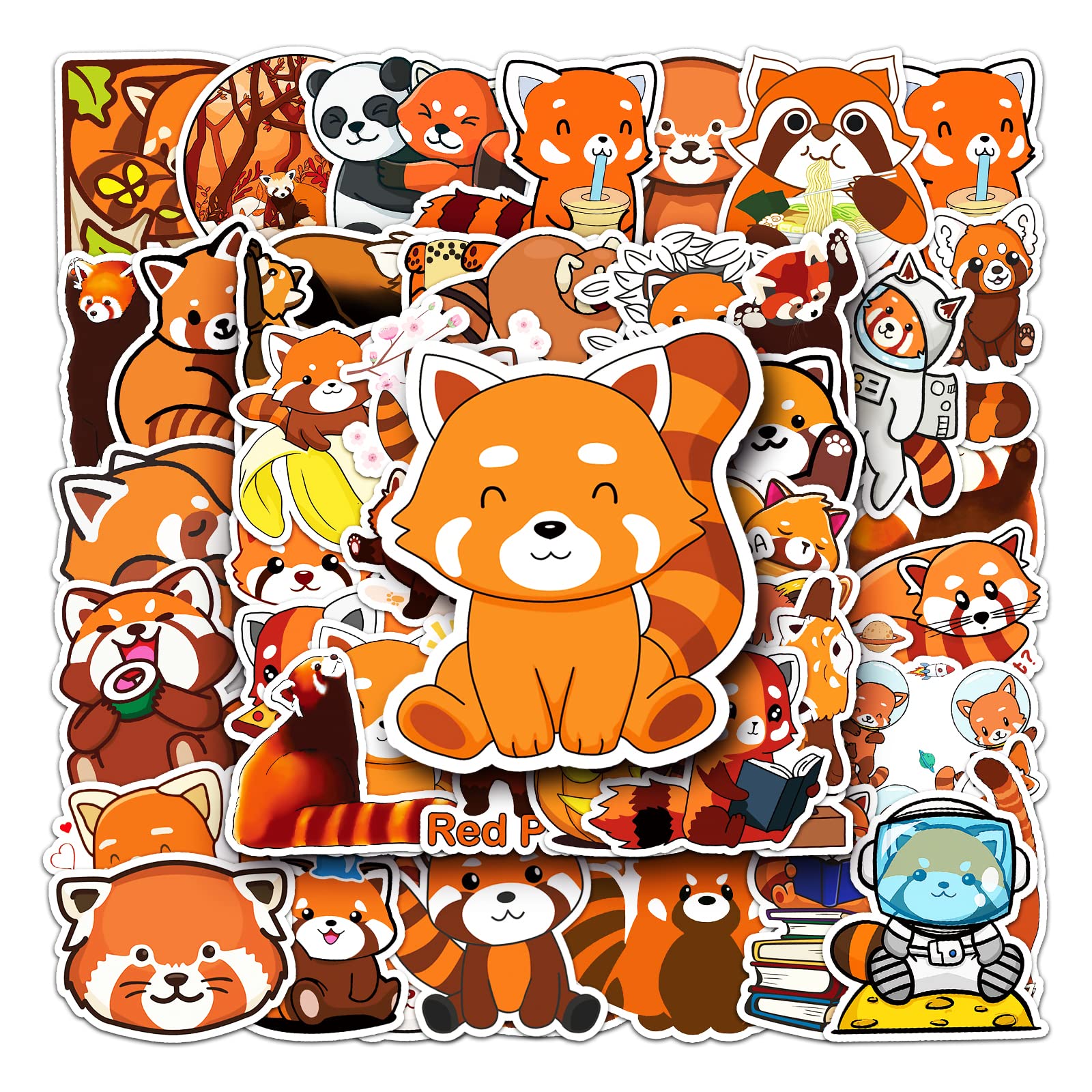 Cute Red Panda Stickers - 50pcs Waterproof Cartoon Panda Stickers for Water Bottle, Laptop, Car, Motorcycle, Bicycle, Skateboard, Scrapbooking, Notebook - Kids, Teens, Adults