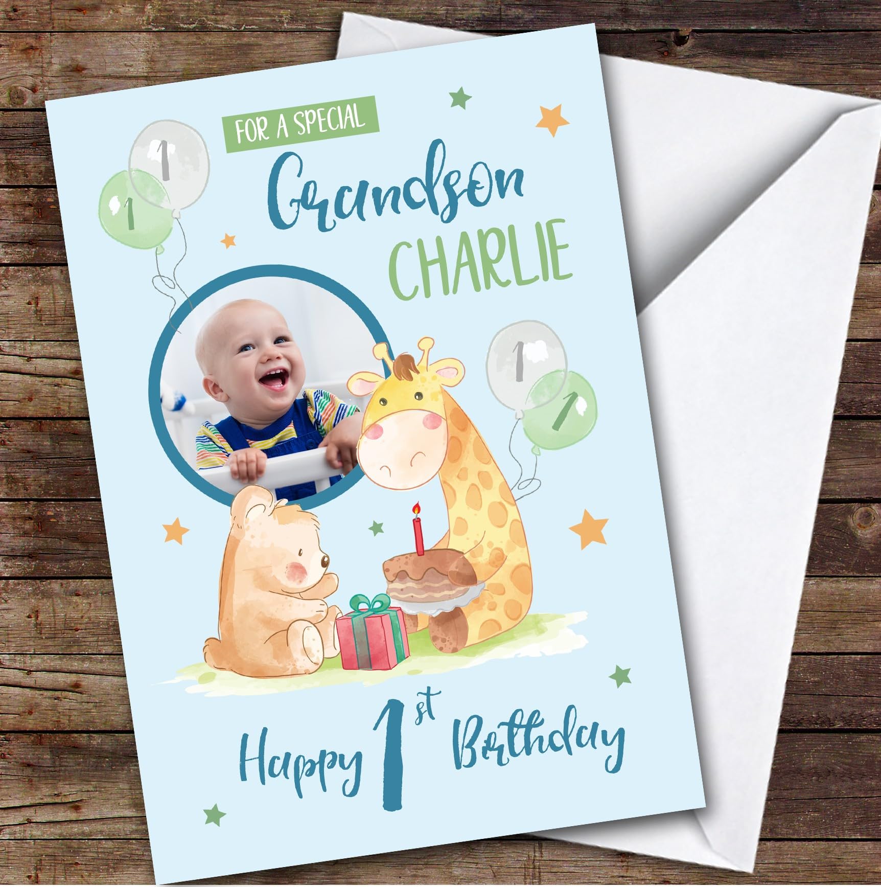 Bear Giraffe Blue Cake Photo Grandson 1st Boys Custom Personalised Birthday Card - Personalised Birthday Card For 1st Birthday, Custom Birthday Card