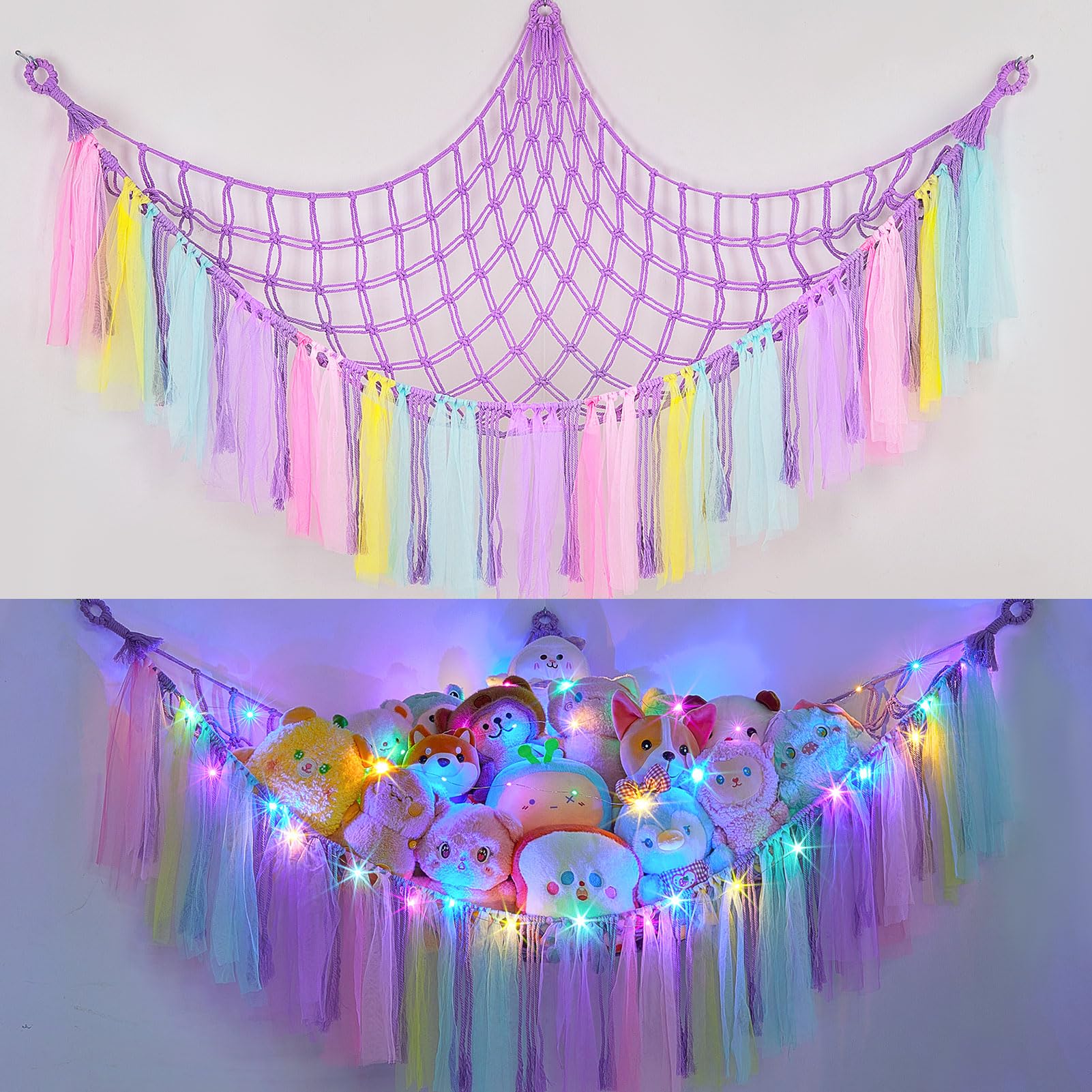 FIOBEE Stuffed Animals Net LED Light Toy Hammock for Kids Bedroom Storage