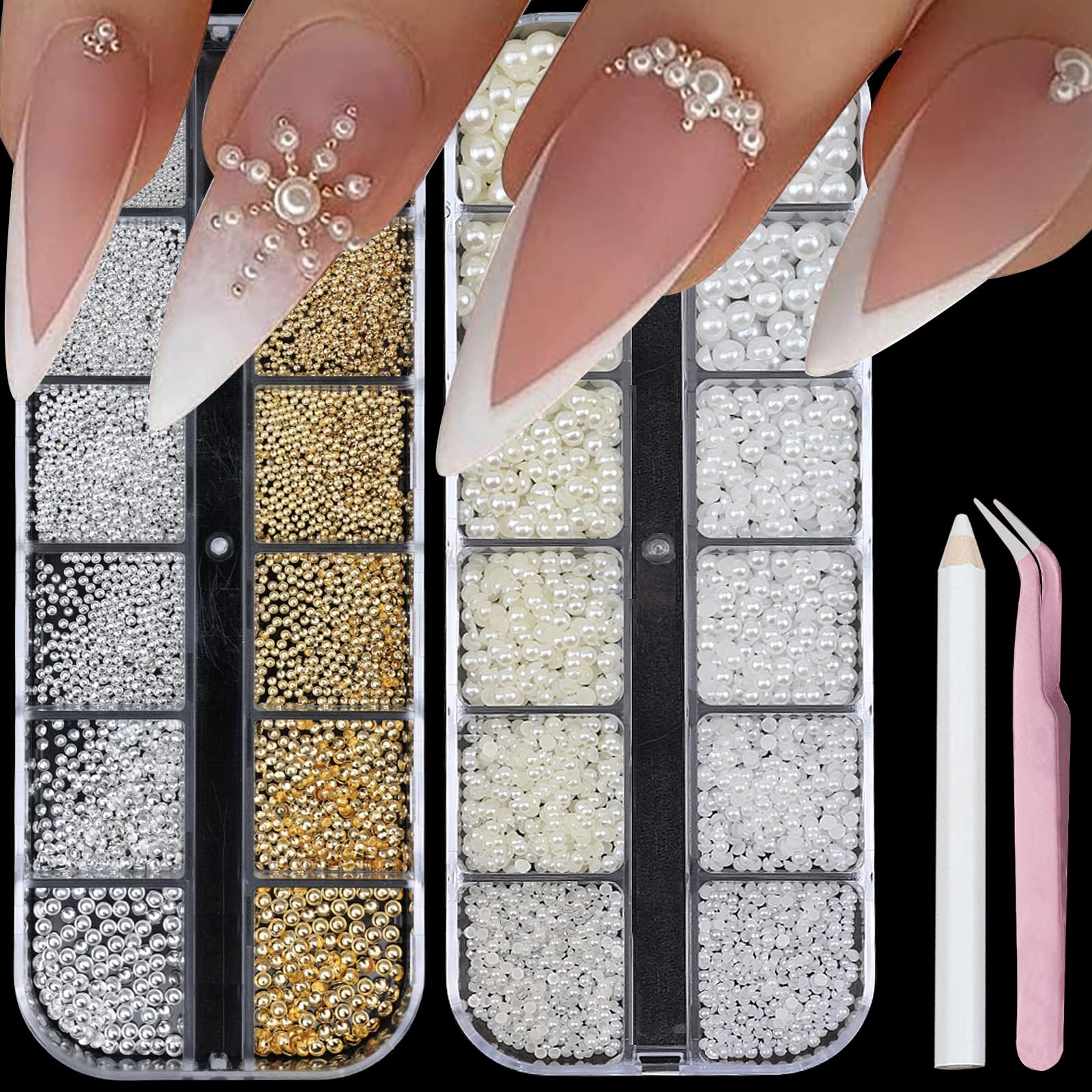 Perles à dos plat pour ongles blanches et beiges et strass demi-ronds