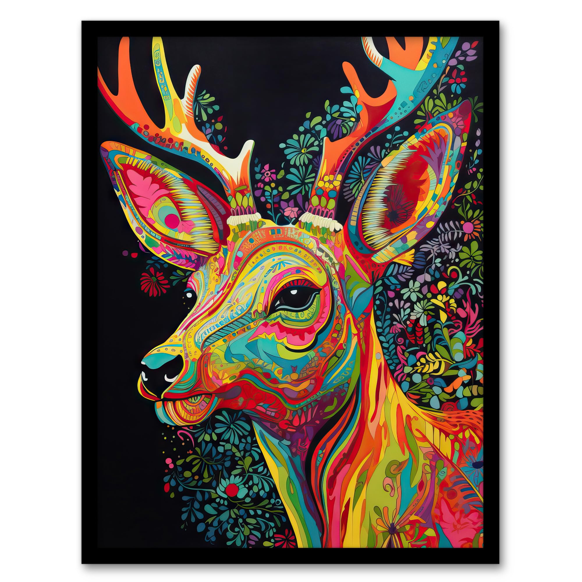 Artery8 Reindeer Rainbow Abstract Floral Pattern Stag Head Vibrant Bold Bright Colourful Painting Artwork Framed Wall Art Print A4