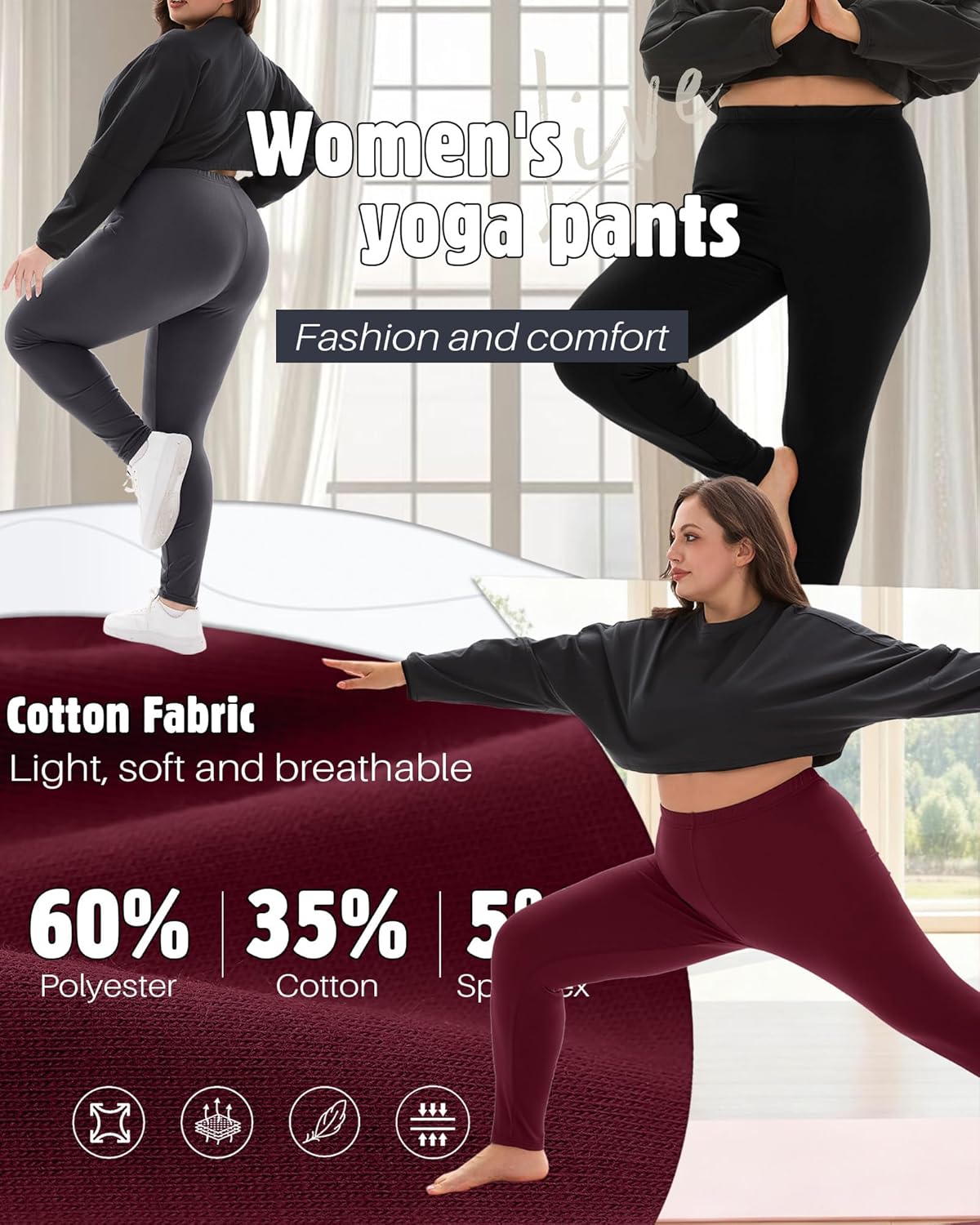 3 Pack Women's Plus Size Leggings High Waisted Stretchy Yoga Pants Workout Running Soft Leggings - Image 5