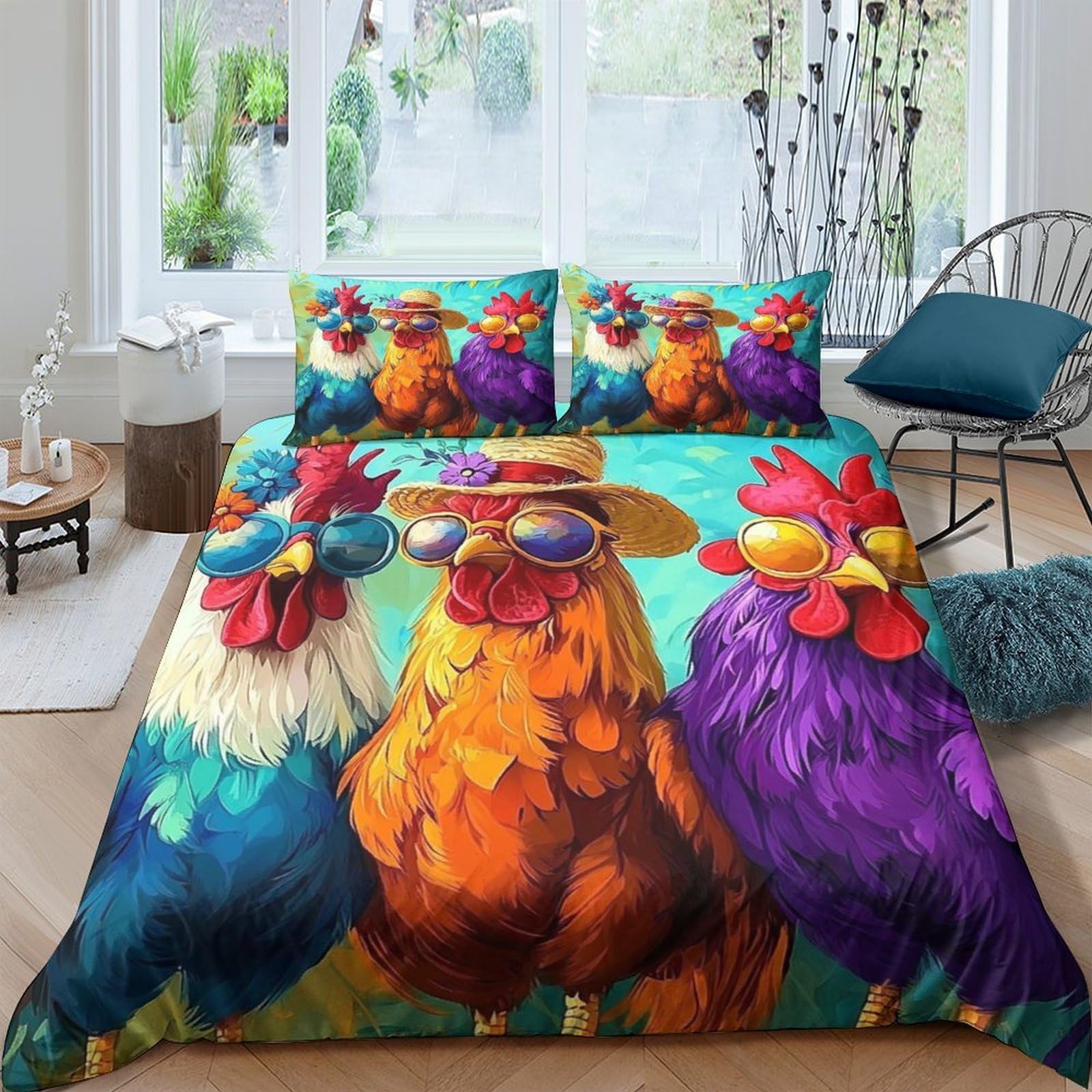 Unrxjzlvm Style-4 Colourful Rooster Print Duvet Set Microfiber Bedding Teens