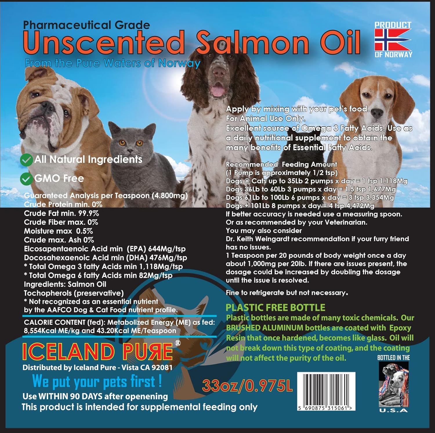 Iceland Pure Unscented Pharmaceutical Grade Salmon Oil - Pure Omega 3, Liquid Food Supplement For Dogs and Cats - BPA-Free Brushed Aluminum Epoxy coated Bottle with Pump 33oz (Pack of 1) : Pet Fish Oil Nutritional Supplements : Pet Supplies