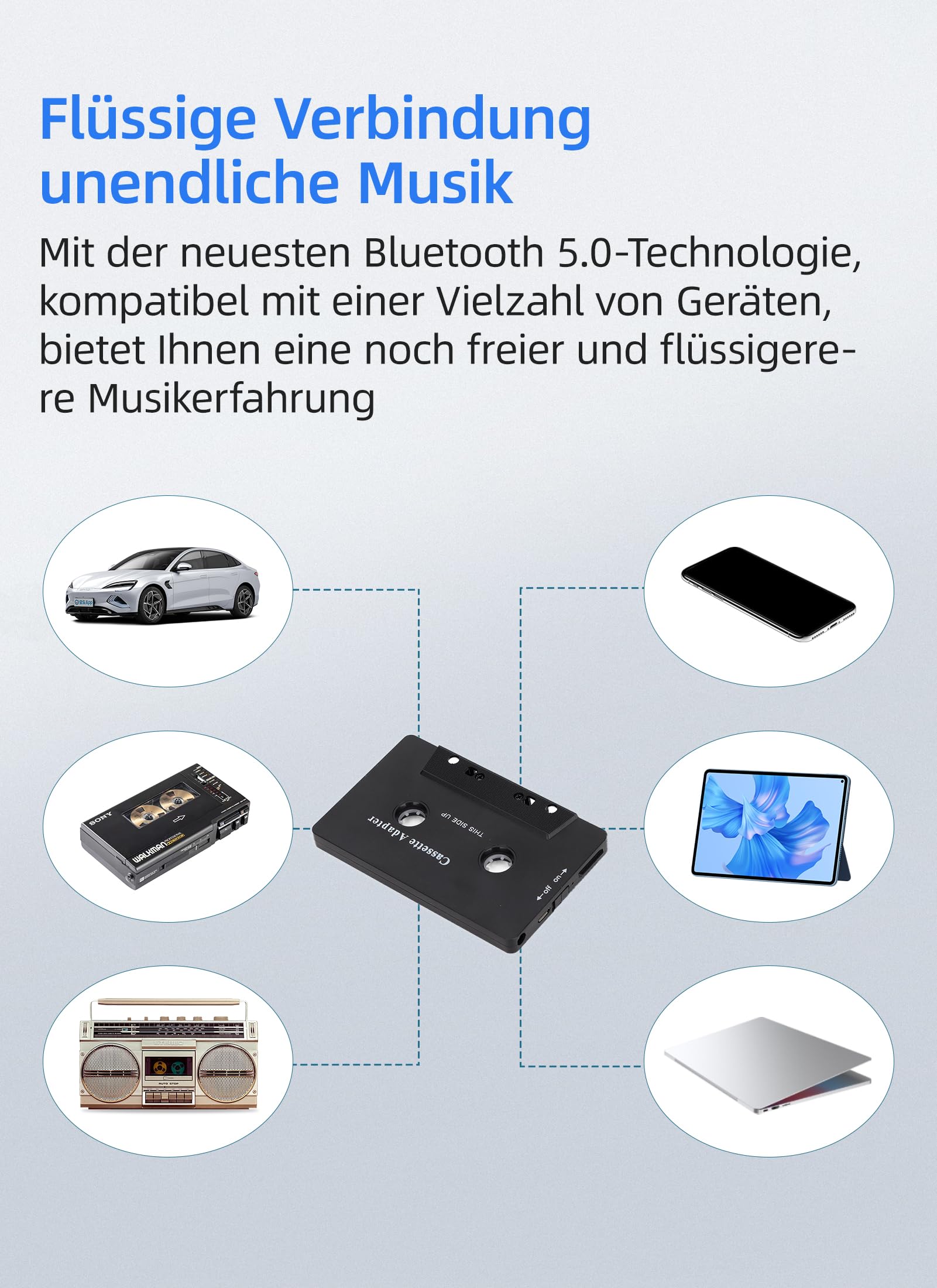 Bewinner Auto Audio Bluetooth Kassettenadapter, Rauschunterdrückung, Stereo High Fidelity Band Aux Empfänger für Auto Tablet