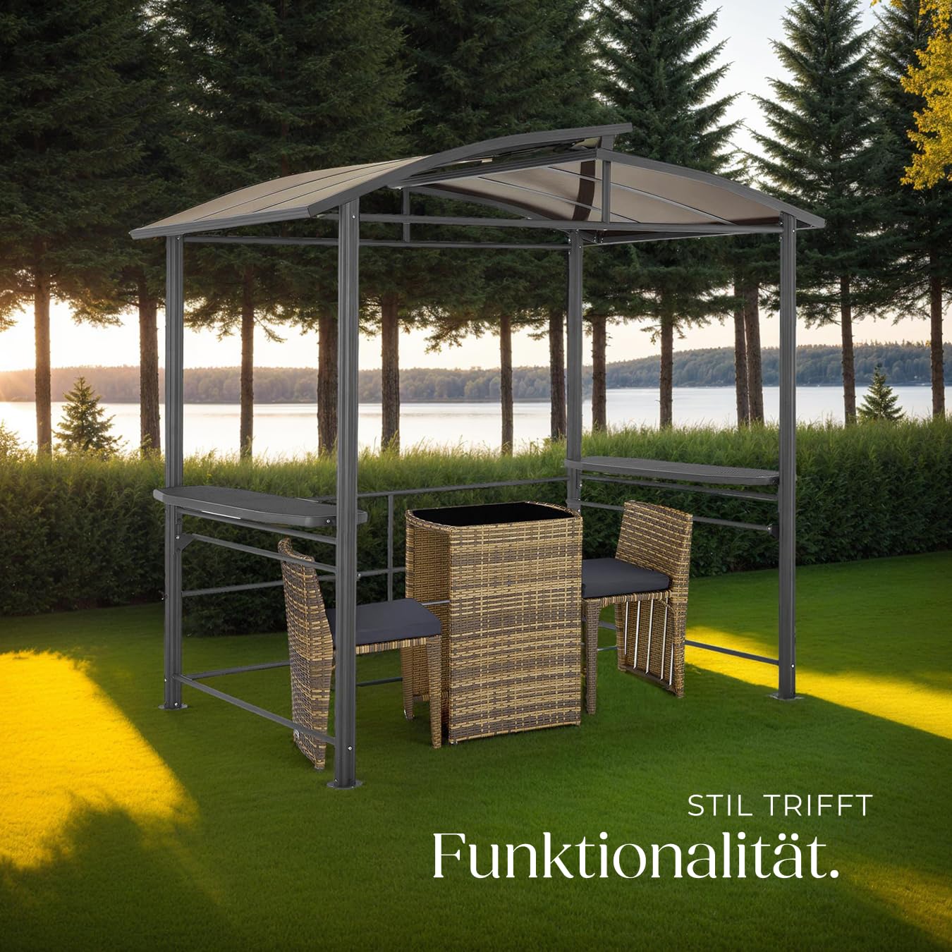 tectake® Outdoor Grillpavillon, Überdachung für Grill, Metall Pavillon für Outdoorküche auf Balkon, Garten oder Terrasse, Sichtschutz, Terrassenüberdachung, Gartenpavillon 240 x 150 x 234 - grau