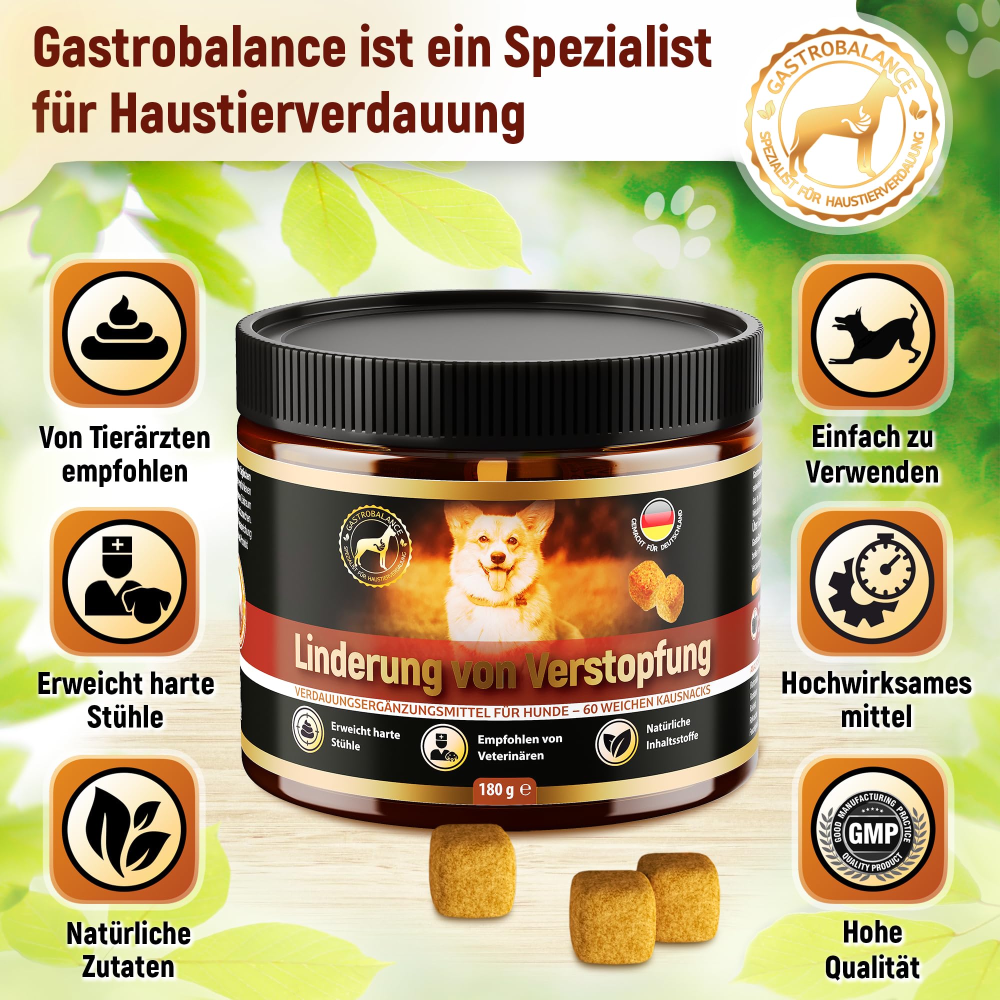 Linderung Von Verstopfung beim Hund – 60 weichen Kausnacks Abführmittel für Hunde 100% natürliche Wirkstoffe (Sapore di Pancetta)