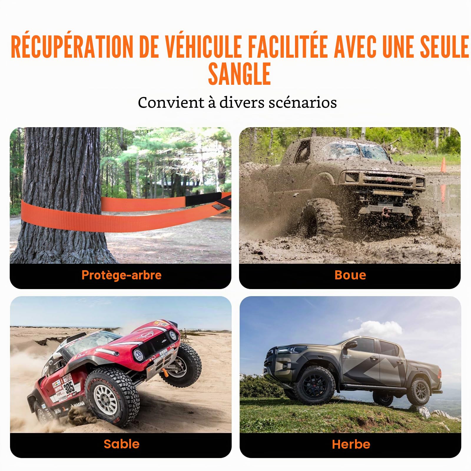 VEVOR Kit de récupération de Sangle de remorquage Robuste, 76,2 mm x 9,1 m, Corde de treuil pour protéger Les Arbres, 16329 kg, Boucle Triple renforcée, Manchons de Protection, pour Camion Jeep SUV