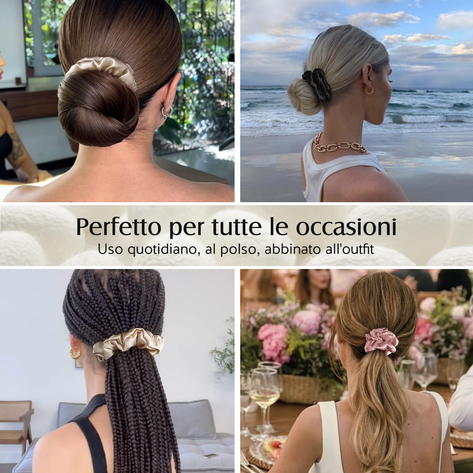 Umisleep Set di 3 scrunchies in seta al 100% per donne, morbidi elastici per capelli per meno crespi e rottura, elastici per capelli senza impronte (rosa+nero+champagne)