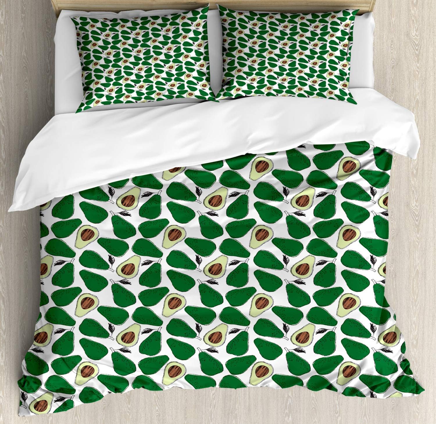 Ambesonne Avocado Duvet Cover Set, Pattern with Doodle Avocado Slices Cut in Half and Leaves Print, Decorative 3 Piece Bedding Set with 2 Pillow Shams, Queen Size, Emerald Pale Green Brown