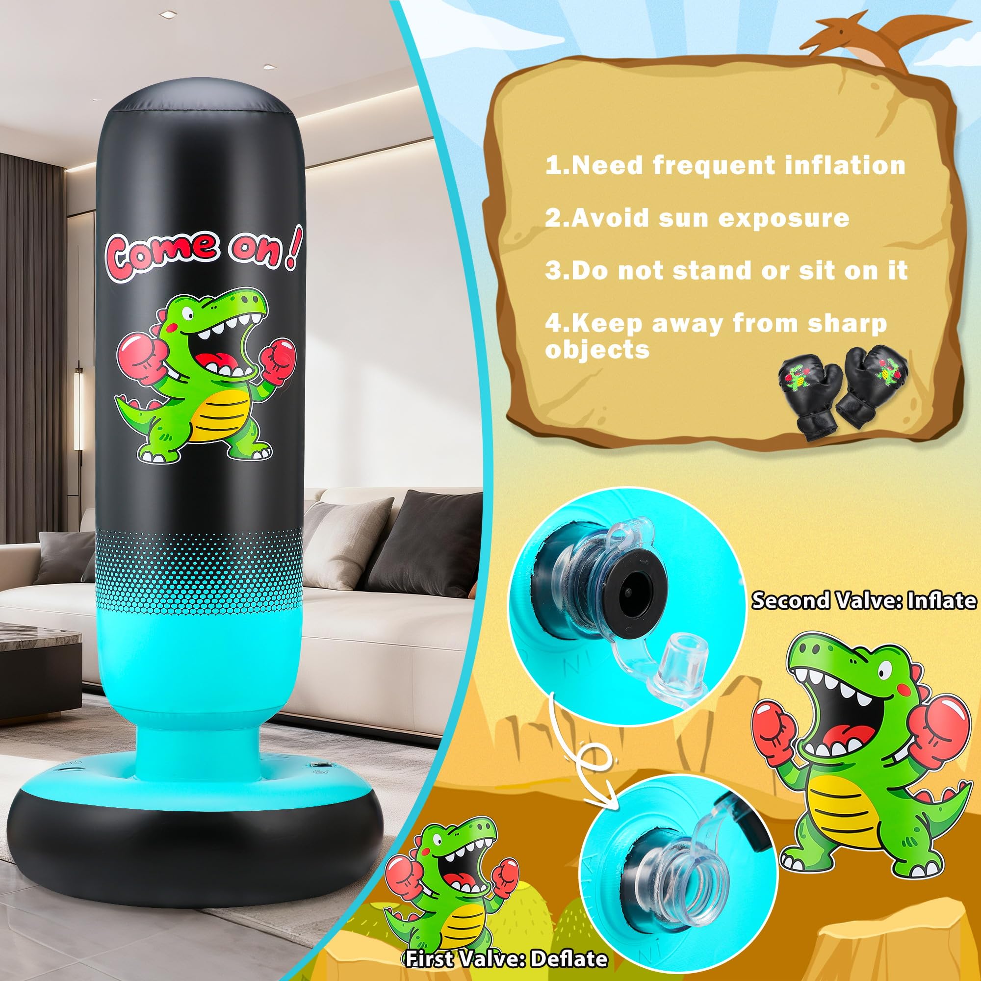 Sacco da Boxe Bambini con Guantoni da Boxe e Pompa 165cm Più Grandi e Stabili Dinosauri & Bersaglio da Colpire 2 in 1 Gonfiabile Sacco da Boxe da Terra Regali per Bambini Bambine 3-12 Anni
