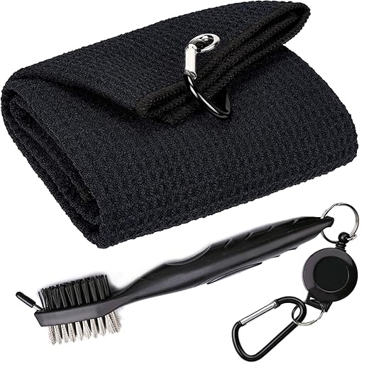 Aebor Golf Towels, Microfiber Waffle Pattern Tri-fold Golf Towel - Brush Tool Kit with Club Groove Cleaner, with Clip Men Women Golf Gifts (Black Towel+Black Brush)