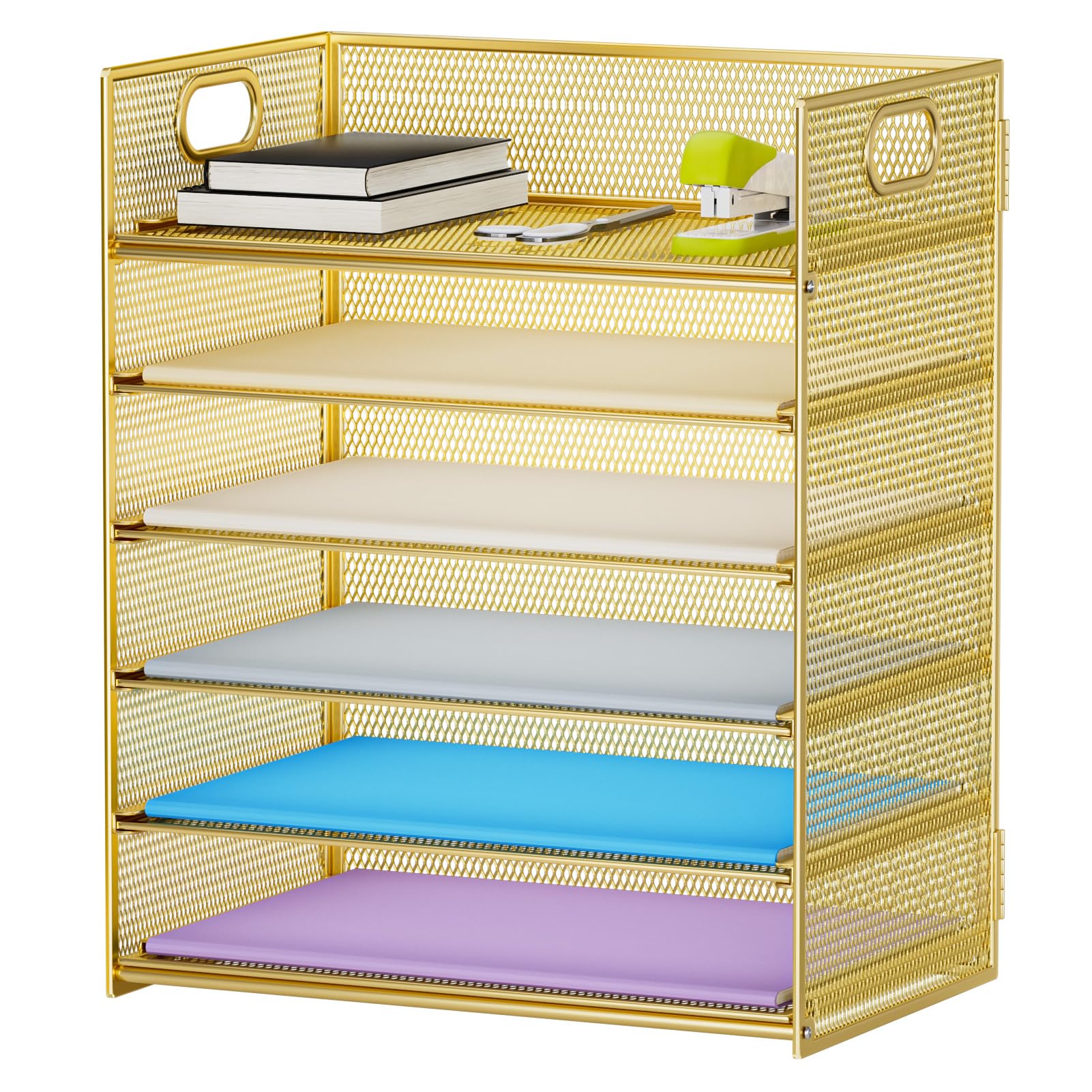 Marbrasse Organizer per vassoi per lettere, 6 ripiani in rete con manico, organizer per cartelle di carta per lettere/A4 da ufficio, colore oro