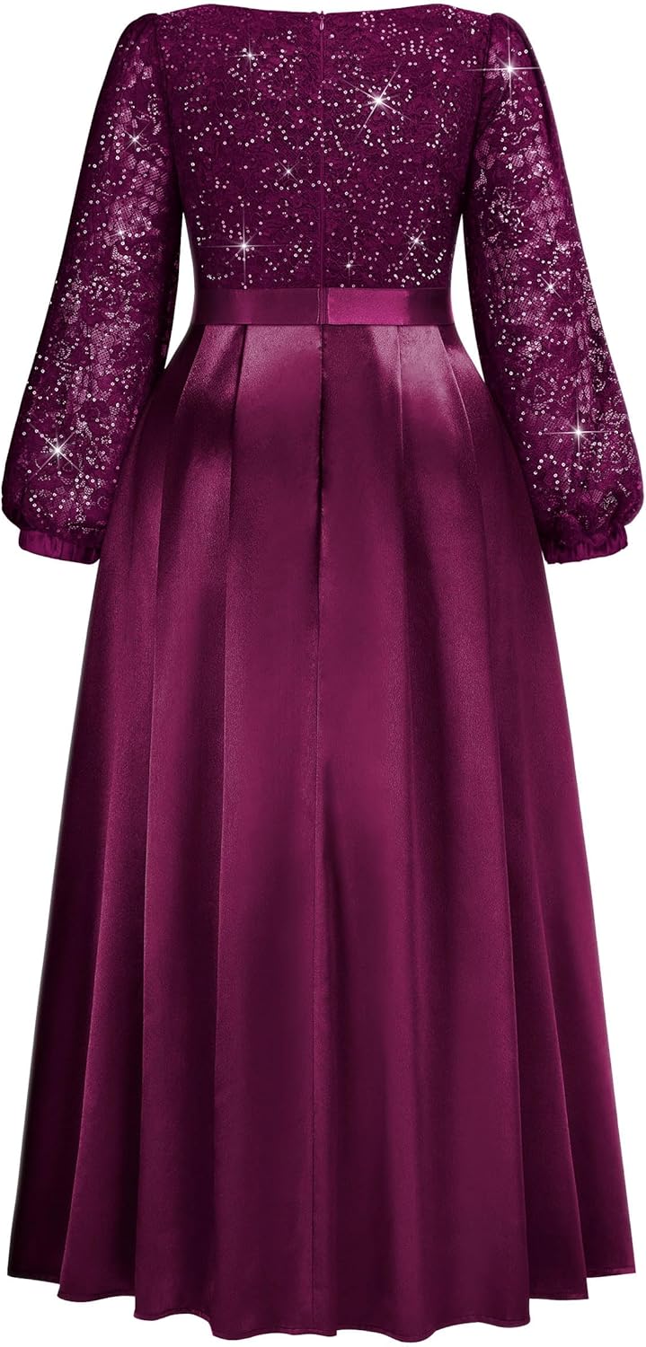 MISSMAY Women's Plus Size Sequins Lace Contrast Satin Wrap V-Neck Long Lantern Sleeve A-line Formal Maxi Dress - Image 6