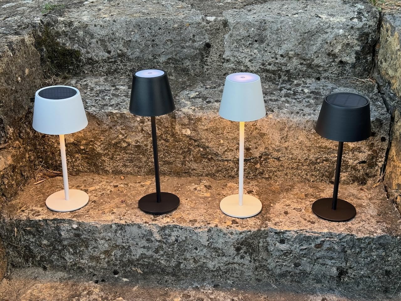 greenandco 2x lámpara solar de mesa LED, sin cable, recargable, regulable, control táctil, 3000-5000K, CRI 90, 2600mAh, apta para uso exterior, color: blanco
