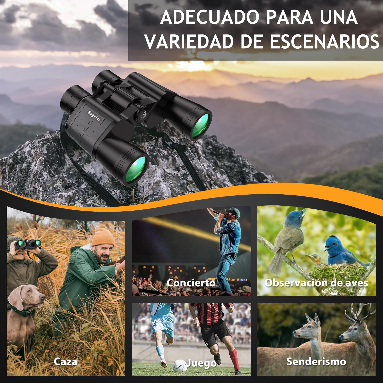 Prismáticos HD 10x50 para adultos, potentes, impermeables y compactos, para observación de aves, caza, viajes, visión con poca luz, agarre antideslizante, aspecto duradero