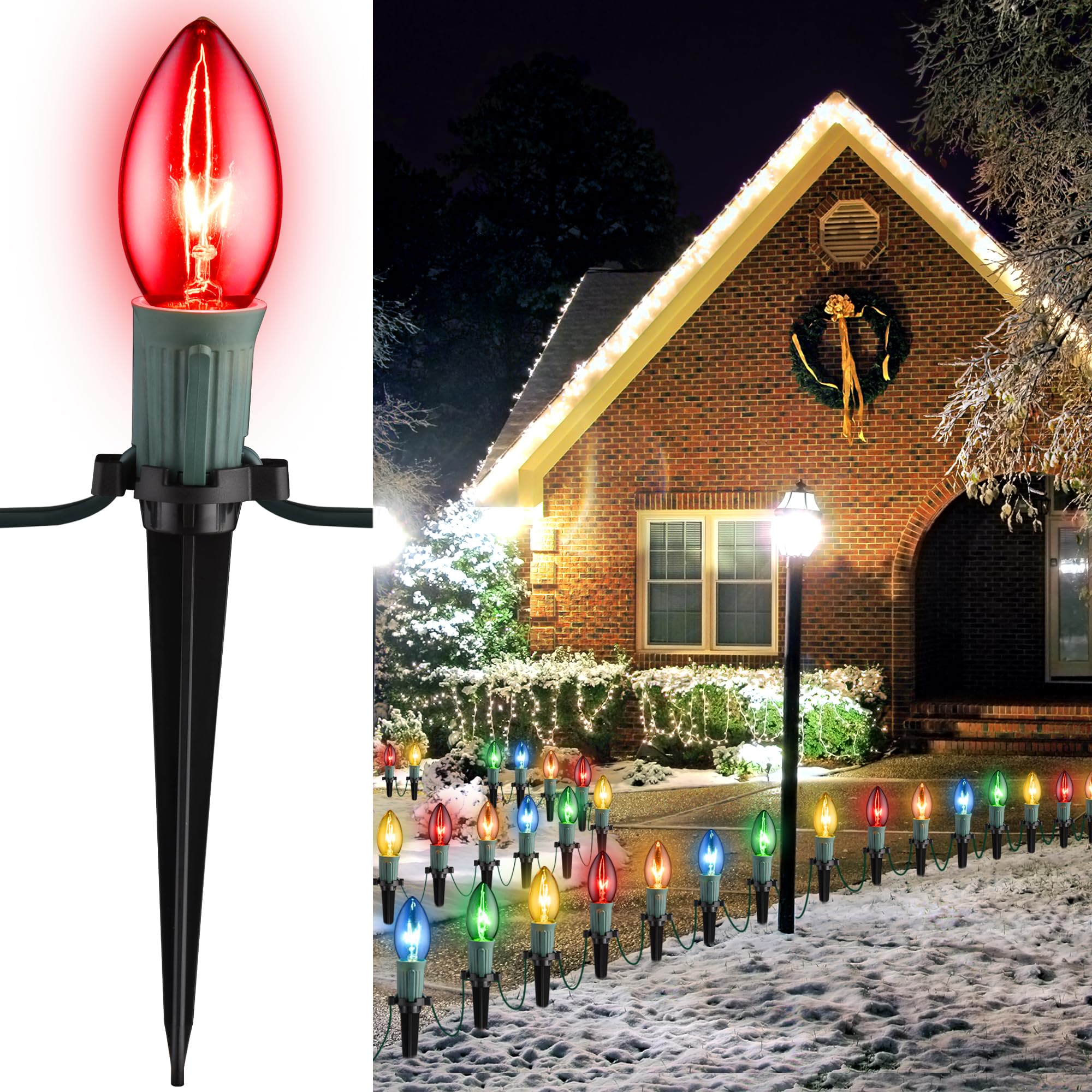 C9 Christmas Pathway Lights Outdoor - 24.2 FT Waterproof Walkway Christmas Lights with 20 Bulbs and Stakes, Connectable Holiday Time Xmas Decorative Path Lights for Outside Yard Garden, Multicolored
