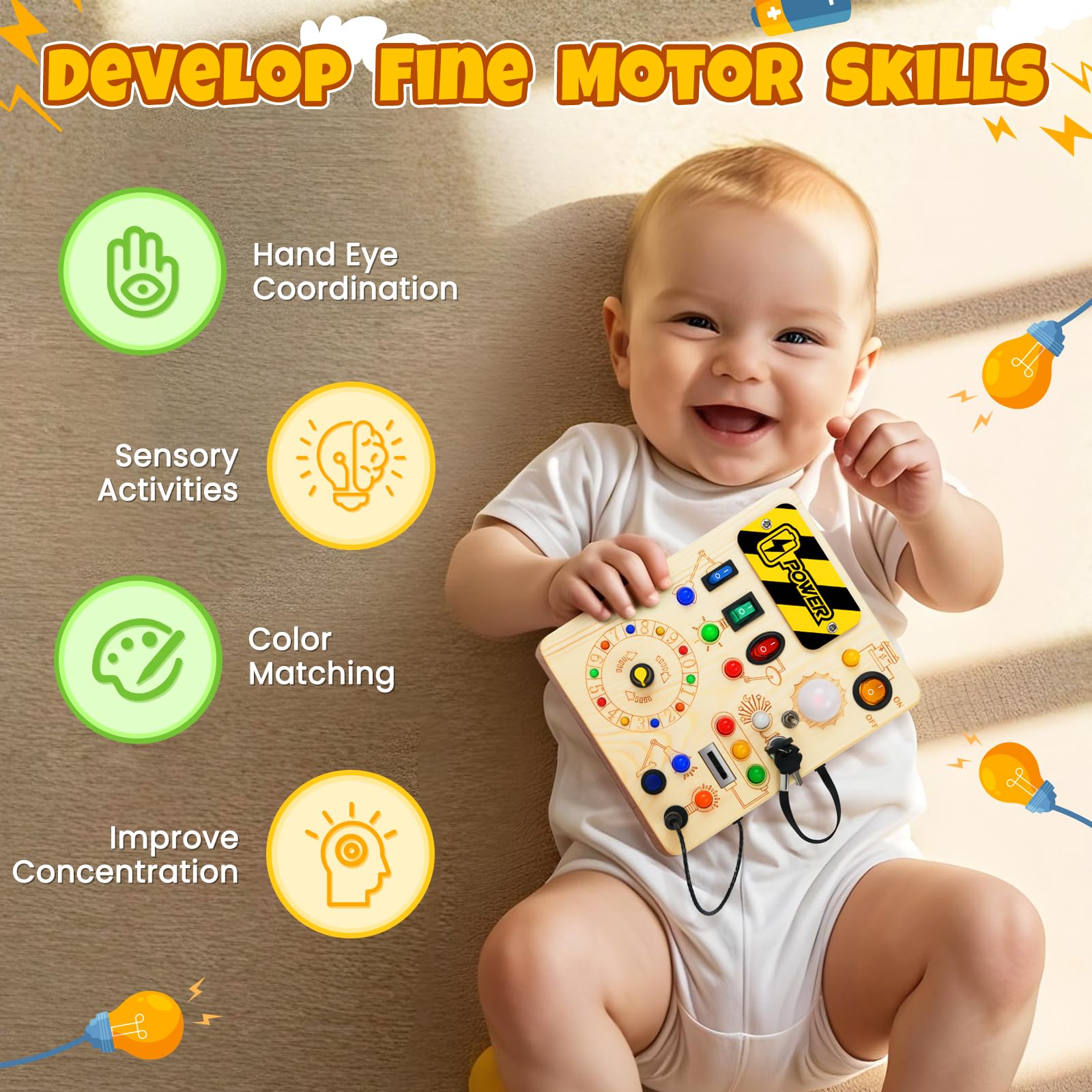 Tablero de actividades, juguetes Montessori para niños de 1 año o más, tablero de actividades con 13 luces LED, juguete educativo de viaje de madera para niños y niñas de 1 año 3