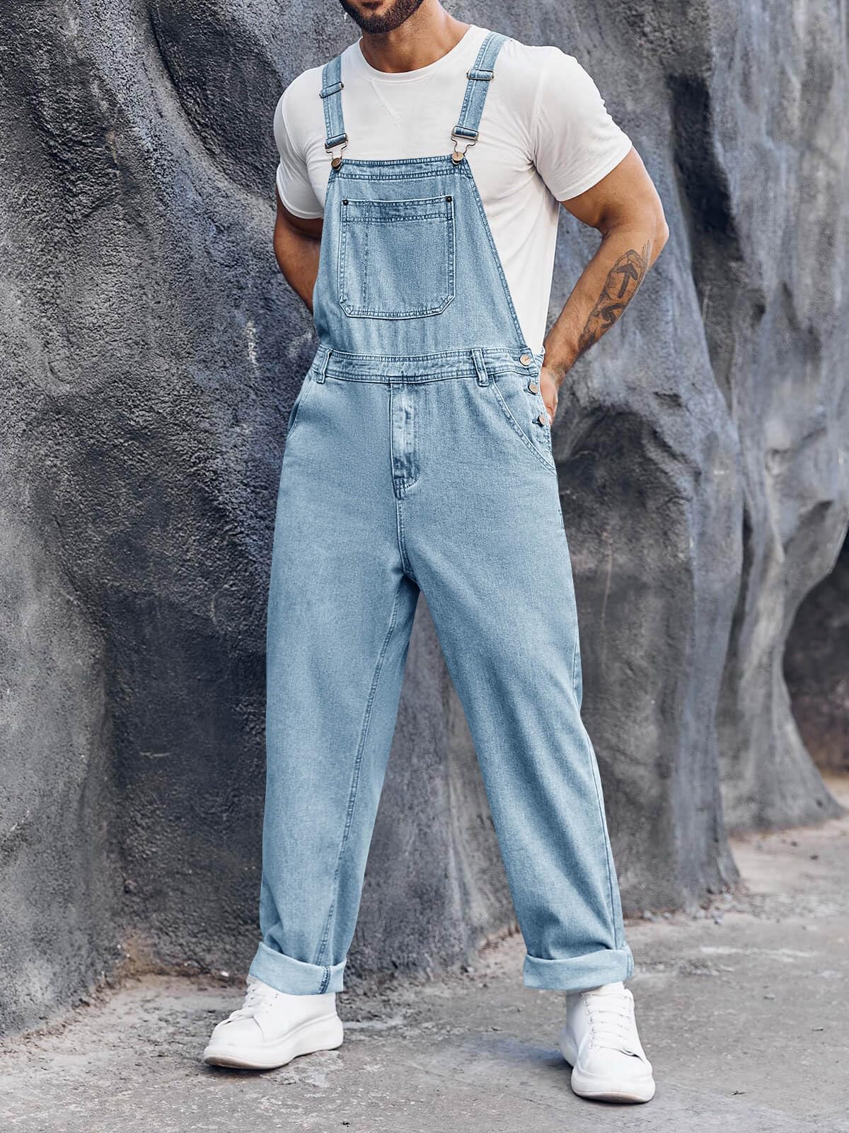 Runcati Salopette en denim pour homme - Pantalon de travail - Pantalon d'été streetwear - Décontracté - Bretelles réglables