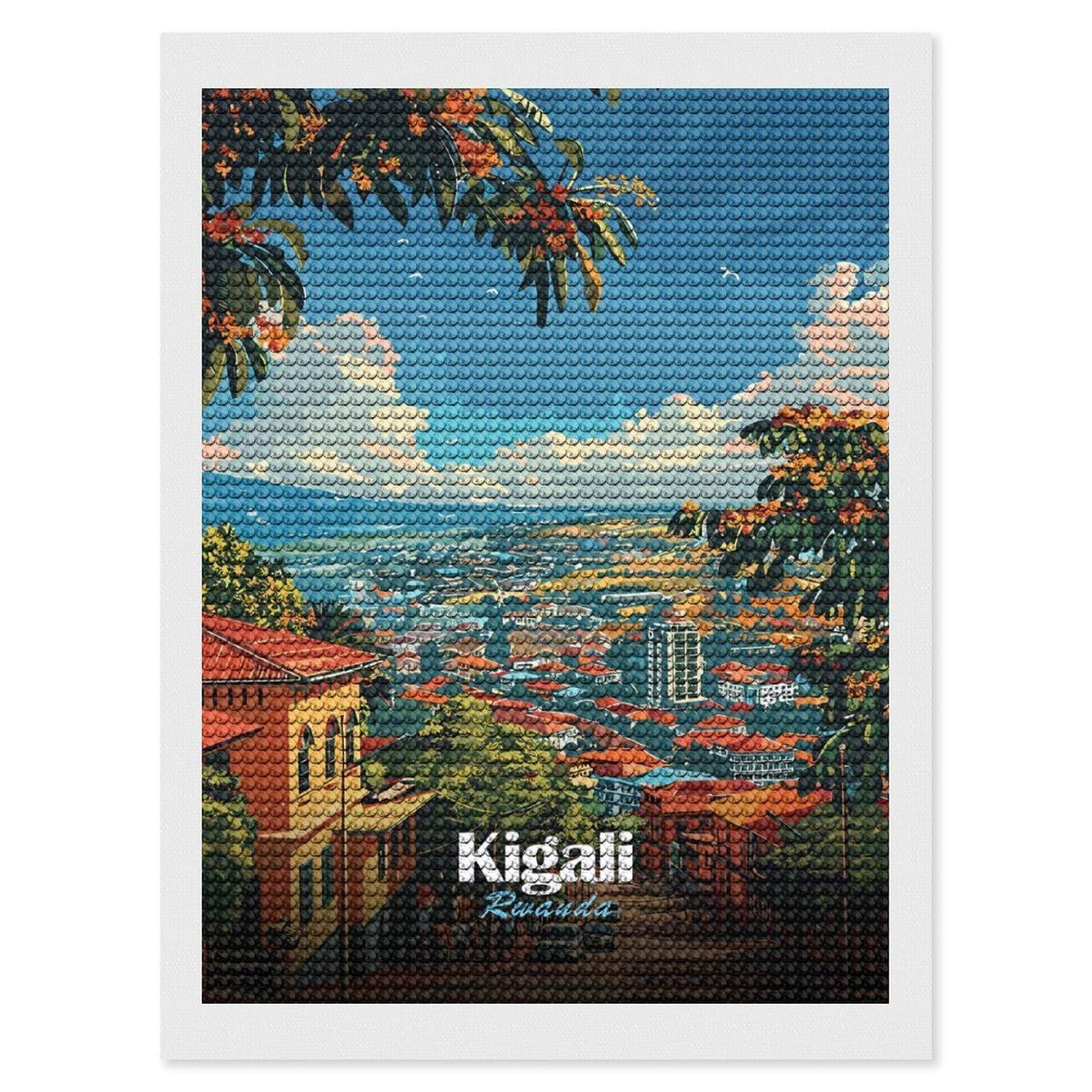 Junmoney Kigali, Rwanda Cityscape Illustration Diamond Painting Kit 12"x16", Thoughtful Handmade Gift, for Creative Relaxation, Printed Canvas, Cosy Home Accent