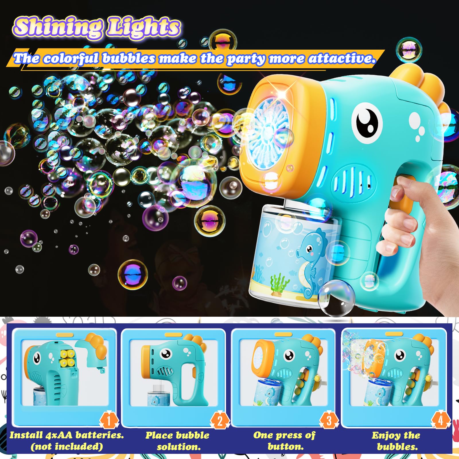 Pistola De Burbujas Automática Con Luces | 5000 Burbujas Por Minuto | Incluye Líquido | +3 Años | Ideal Para Fiestas Y Exteriores