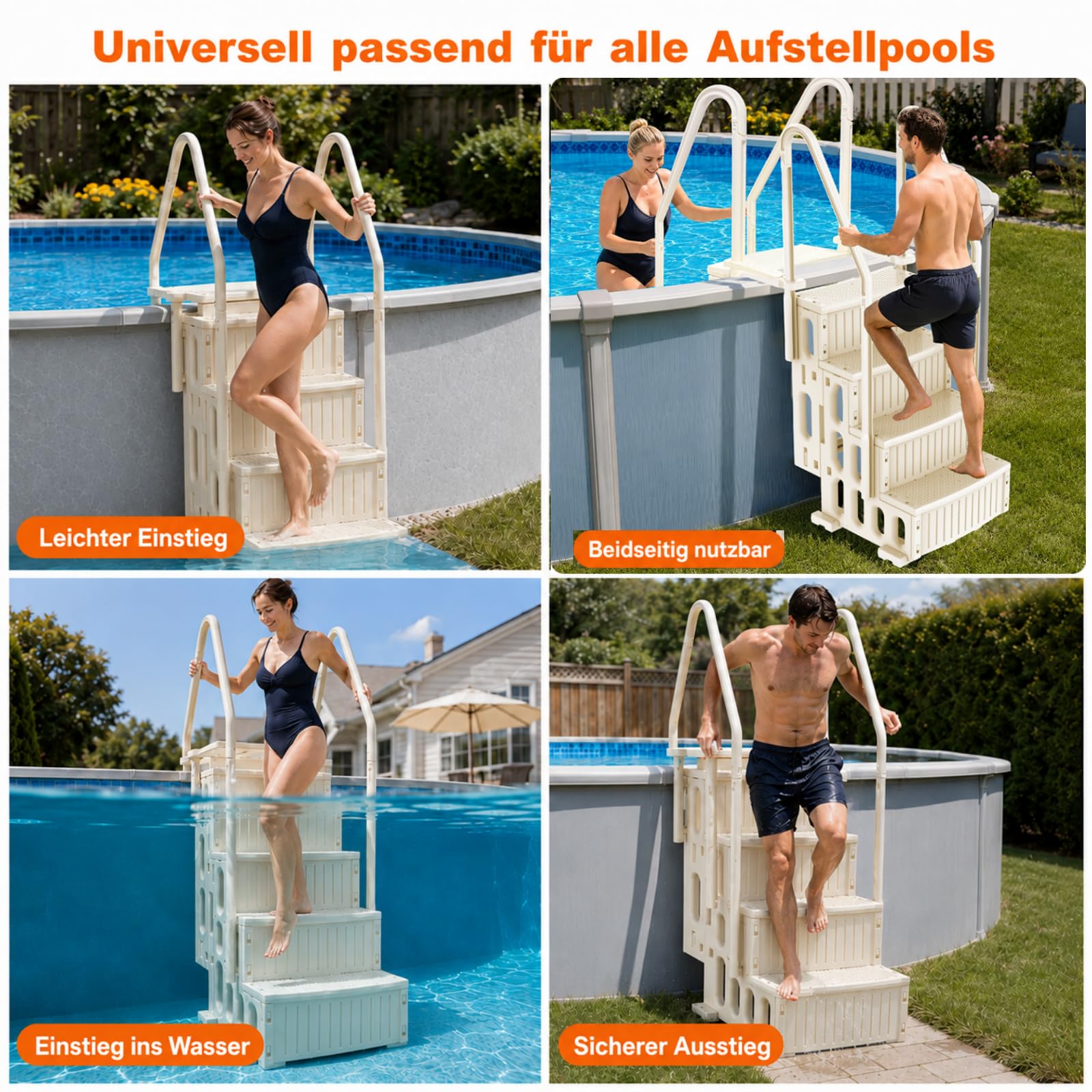 Poolleiter 4-stufig, Weiße HDPE Pooltreppe mit Doppelhandlauf und rutschfest, Maximale 180 kg Tragkraft für Aufstellpool 122–137 cm, Gartenpool, Eingelassene Pools, Familien & Senioren