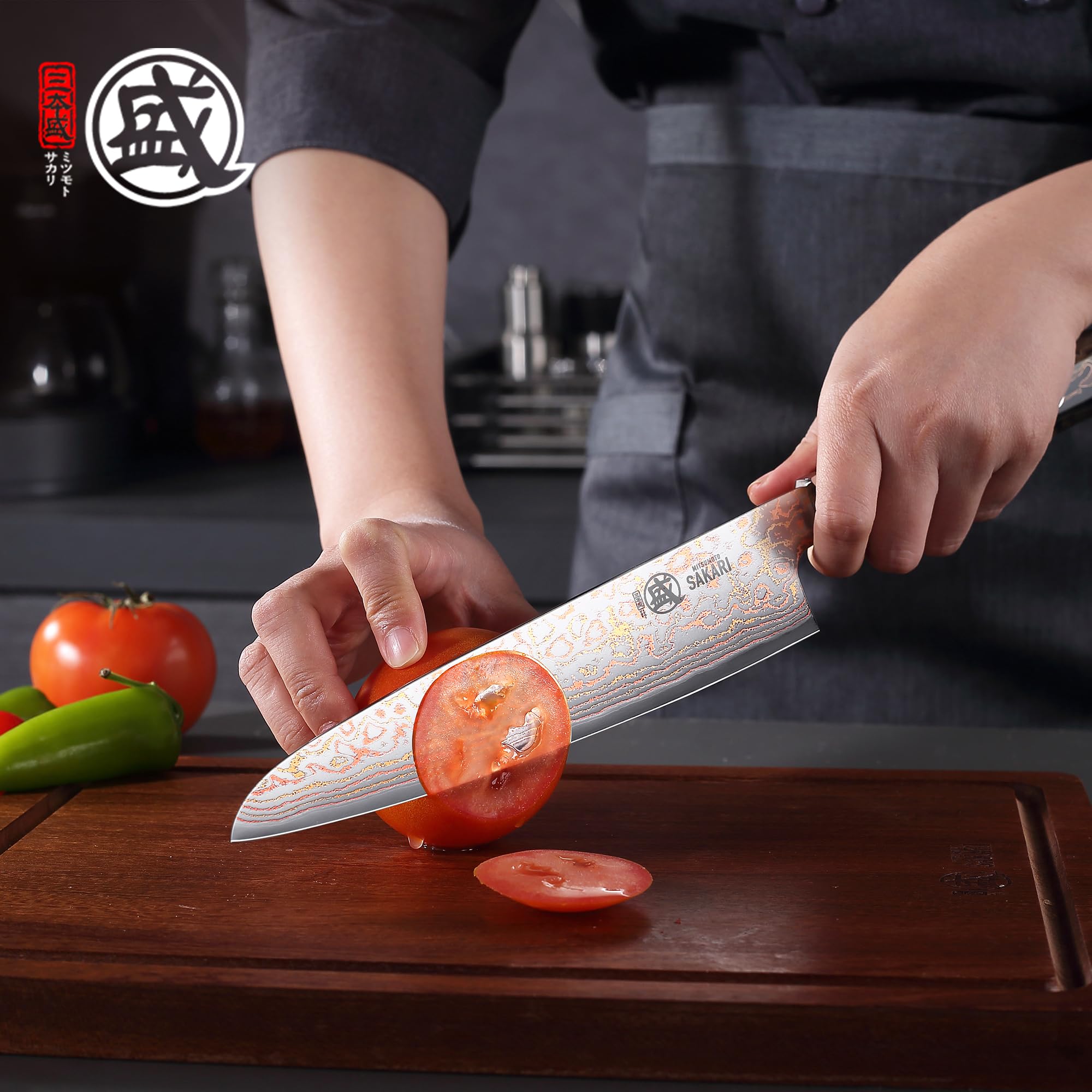 MITSUMOTO SAKARI Nóż Gyuto 21 cm, Nóż Szefa Kuchni z Damasceńskiej Stali | Uniwersalny Nóż Kuchenny, Wysokiej Twardości HRC 60±1, Ręcznie Kutym Rdzeniem Stalowym
