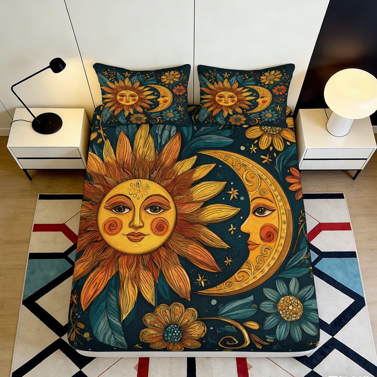 3D Printed Sun Moon Pattern Deep Pocket Fitted Sheet Microfiber Elastic Hem Bedroom Bedding Set Moon Mattress Fitted Cover for All Ages 90x200x25cm