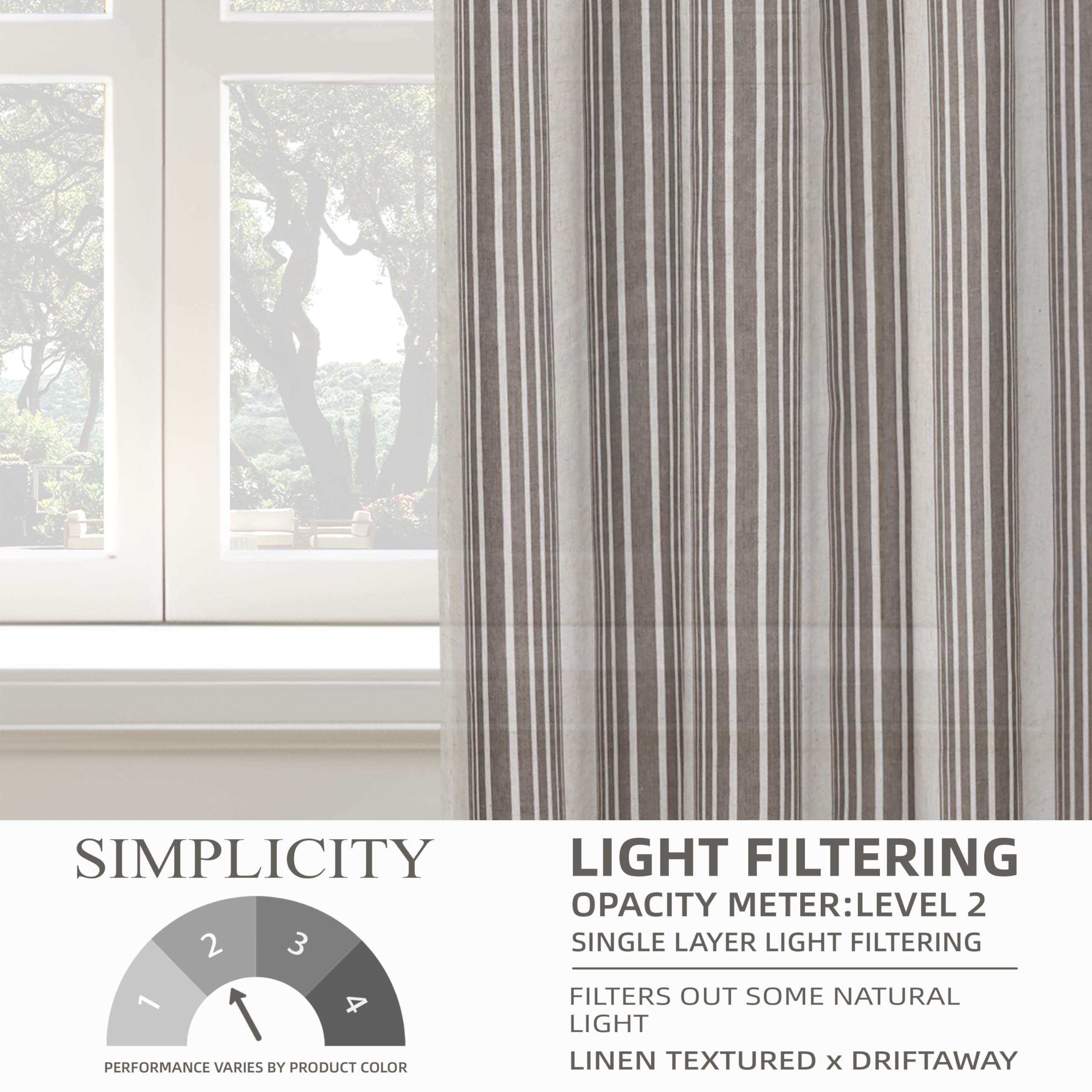 DriftAway Farmhouse Vorhänge aus Leinen-Mischgewebe, vertikal, gestreift, lichtfilternd, halbtransparent, für Wohnzimmer, Schlafzimmer, 244 cm lang, 2 Paneele, breit gestreift, Grau
