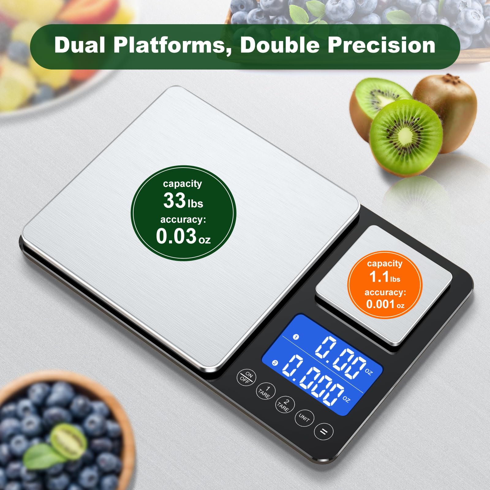BRICH Balance de cuisine numérique avec double plate-forme – 500 g/0,01 g et 15 kg/1 g de précision, fonction de somme, 7 unités, acier inoxydable et verre, éclairage LCD – Idéal comme échelle