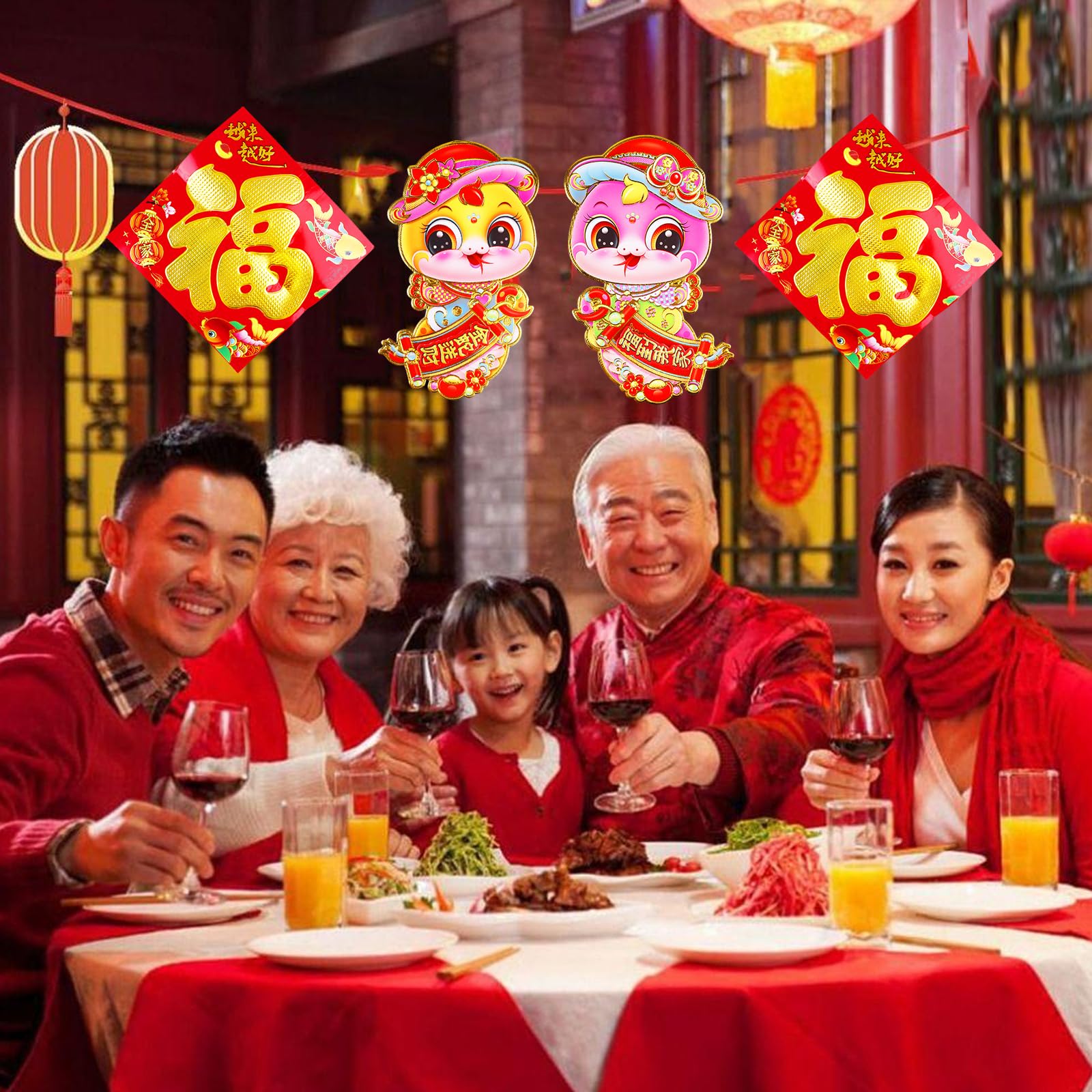SPORWAY Lot de 43 pièces Couplet chinois Nouvel An Décoration Printemps Festival Chunlian Enveloppes rouges Hong Bao Fu Personnage Lanterne Rouge Fenêtre Décalcomanies Année du serpent 2025