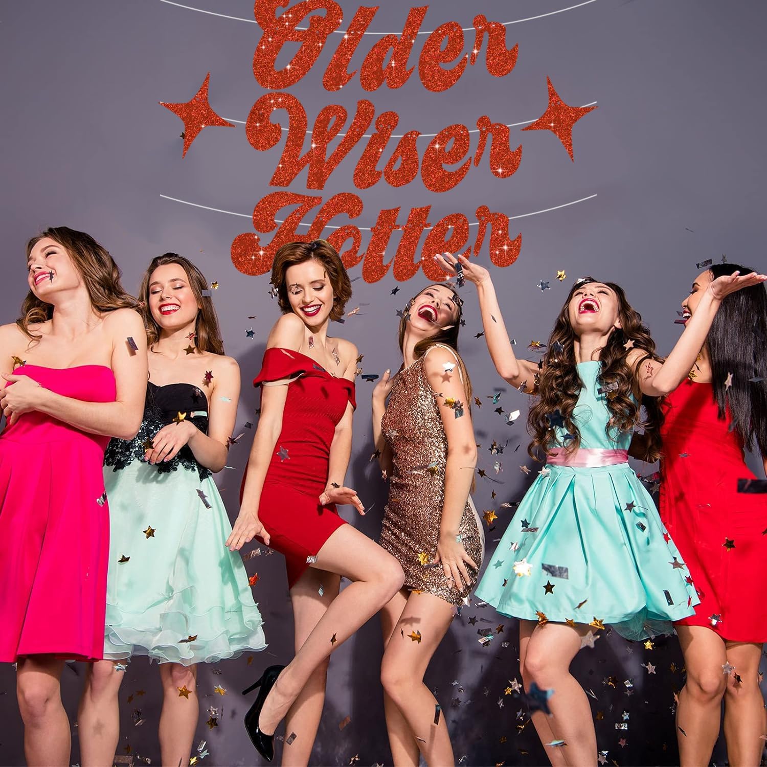 BEISHIDA Glitter Red Older Wiser Hotter Banner with Star, Funny Birthday Banner 30th 40th 50th 60th 70th 80th Party Decorations image 4