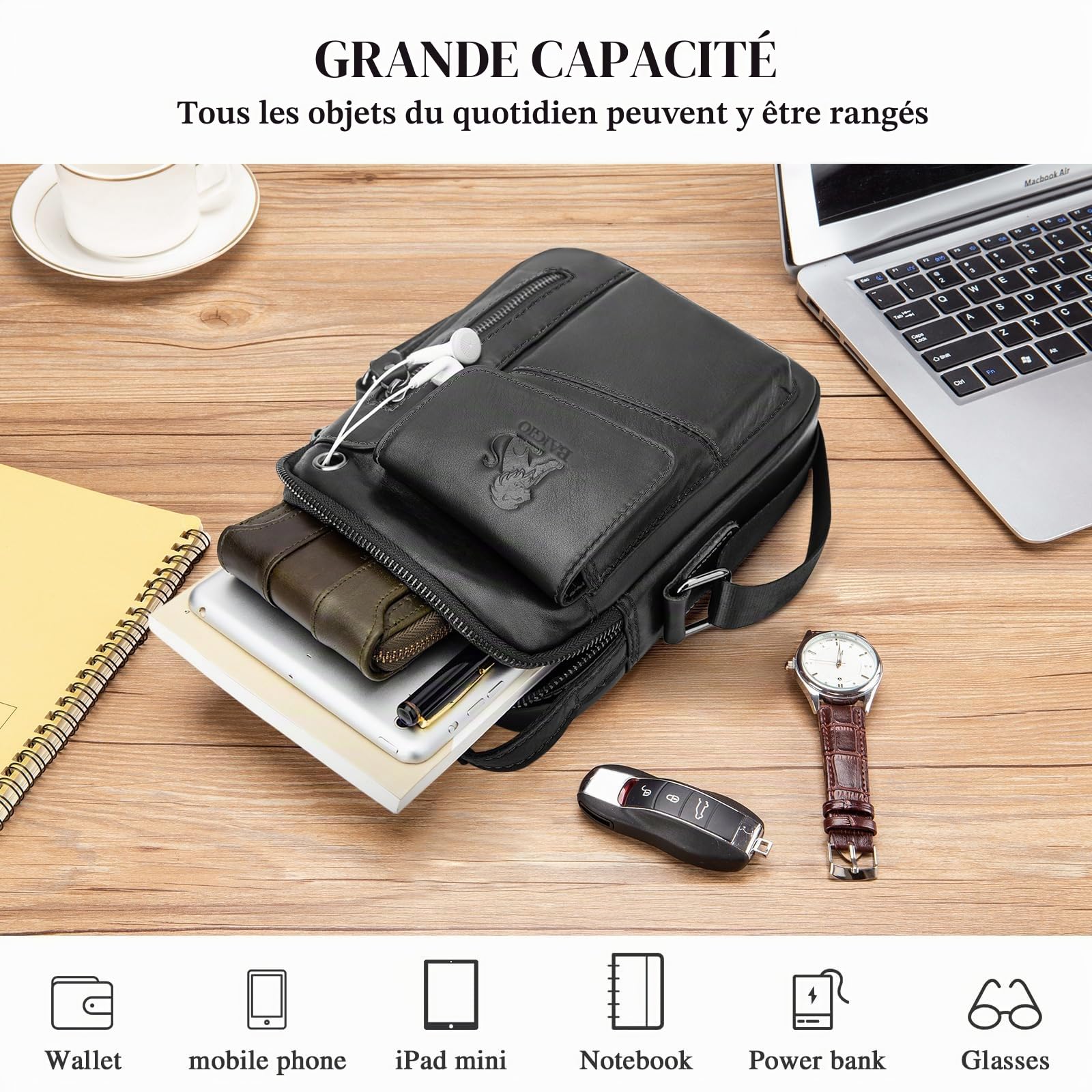 BAIGIO Sacoche Homme Cuir Sacoche Bandouliere Homme Vintage Cartable Sac de Messager Pochette Sac à Bandoulière Sacs Portés Épaule Sacs à Main pour Affaires Travail Voyage Vie Quotidienne
