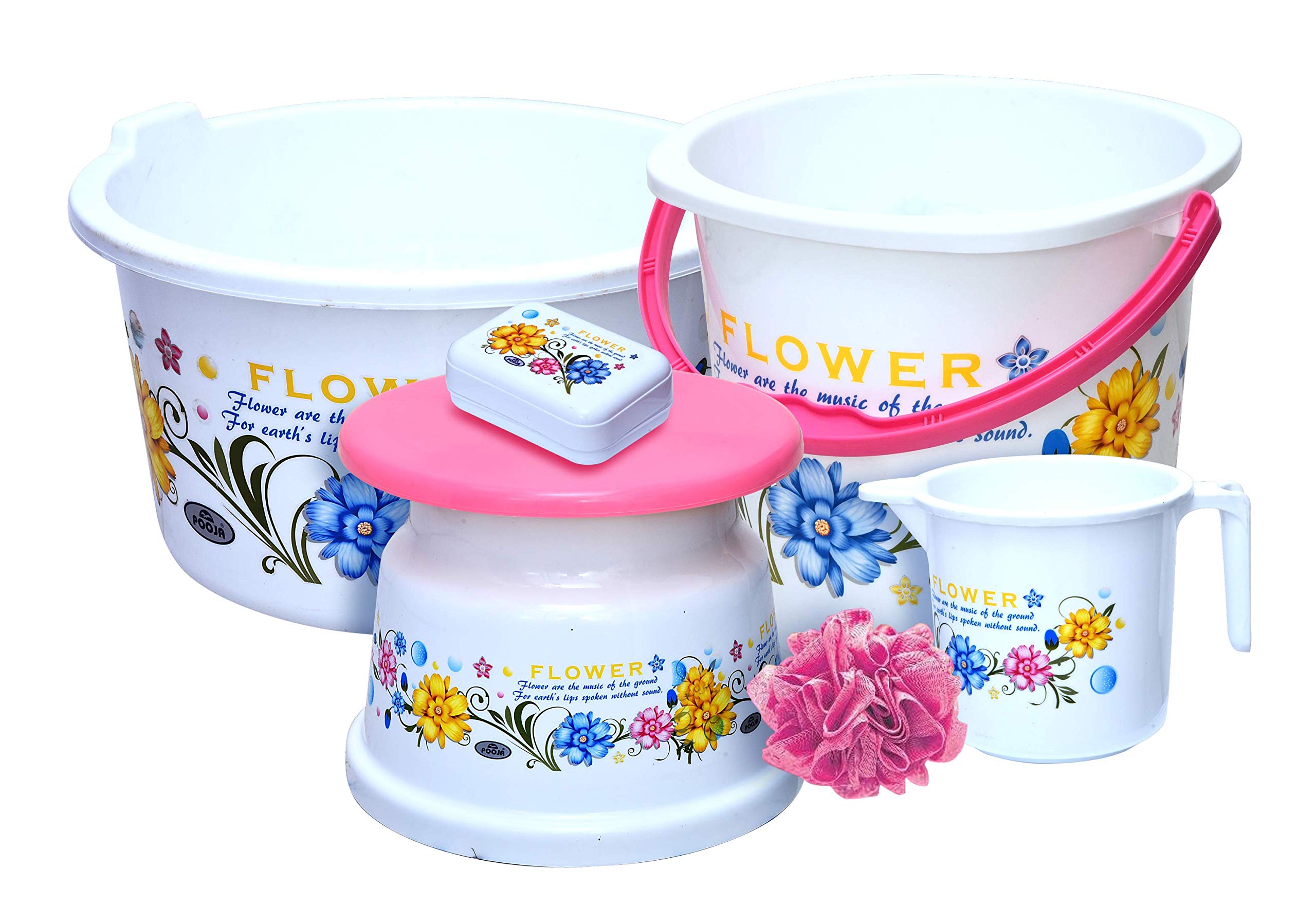 Pooja Plastics Bathroom Flower Printed Set of 6pc Including Bucket